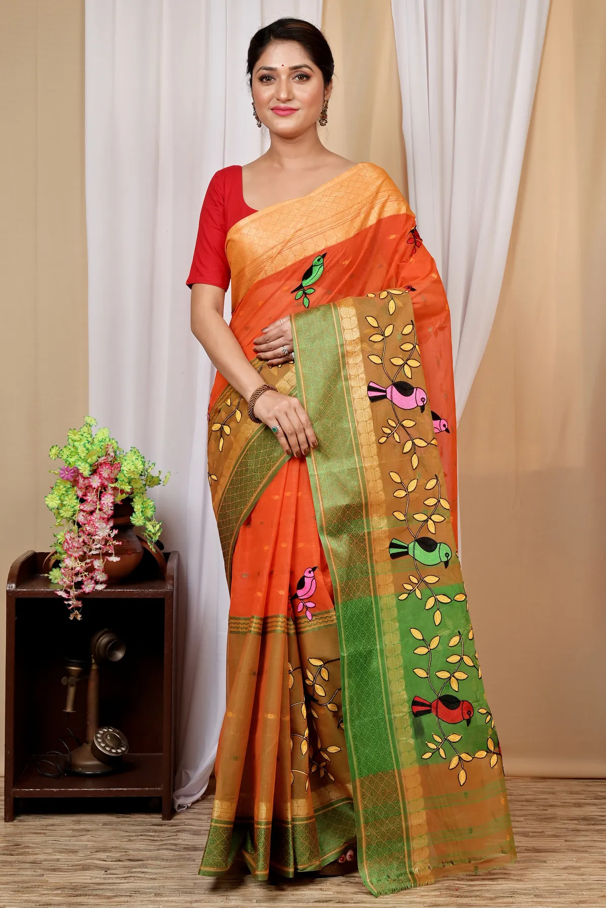 DipDiya Pure Cotton Orange Embi Ganga Chari Wrapped in Heritage Embroidery Tant Sarees