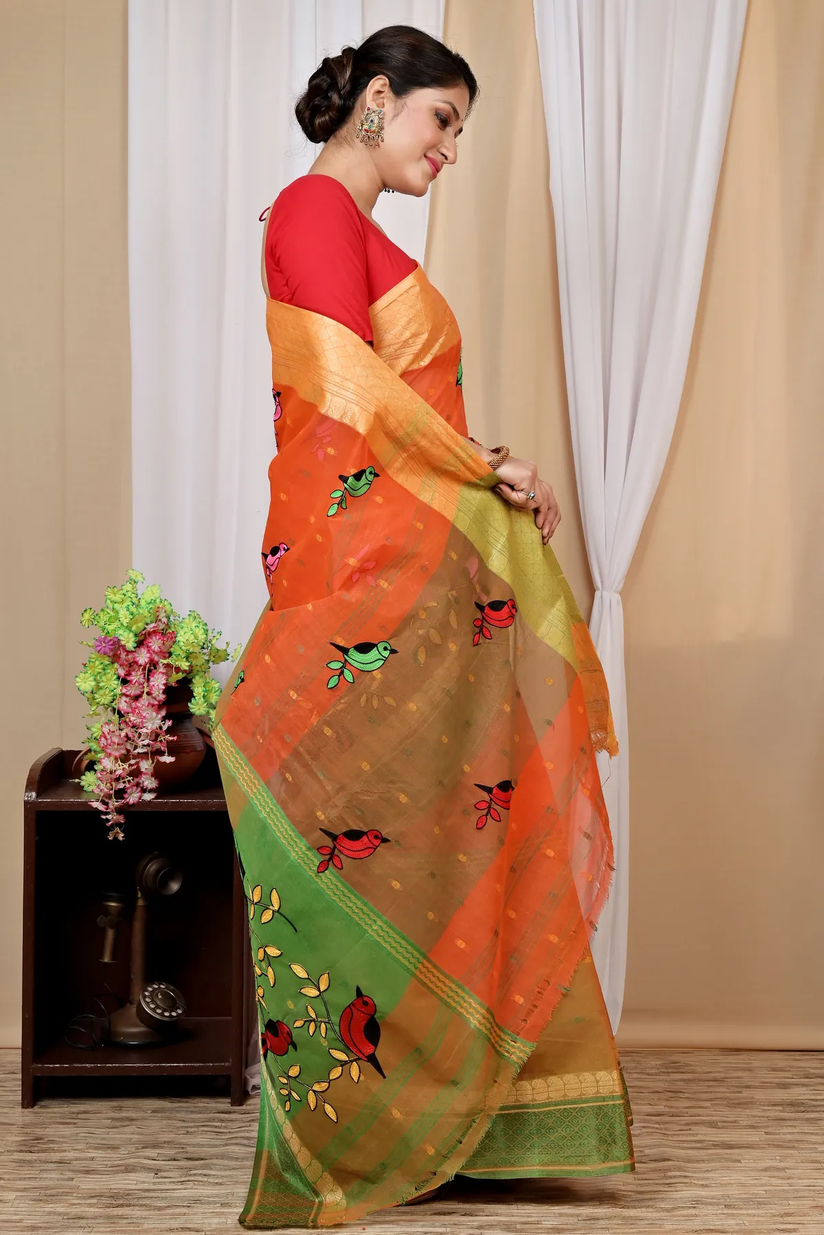 DipDiya Pure Cotton Orange Embi Ganga Chari Wrapped in Heritage Embroidery Tant Sarees