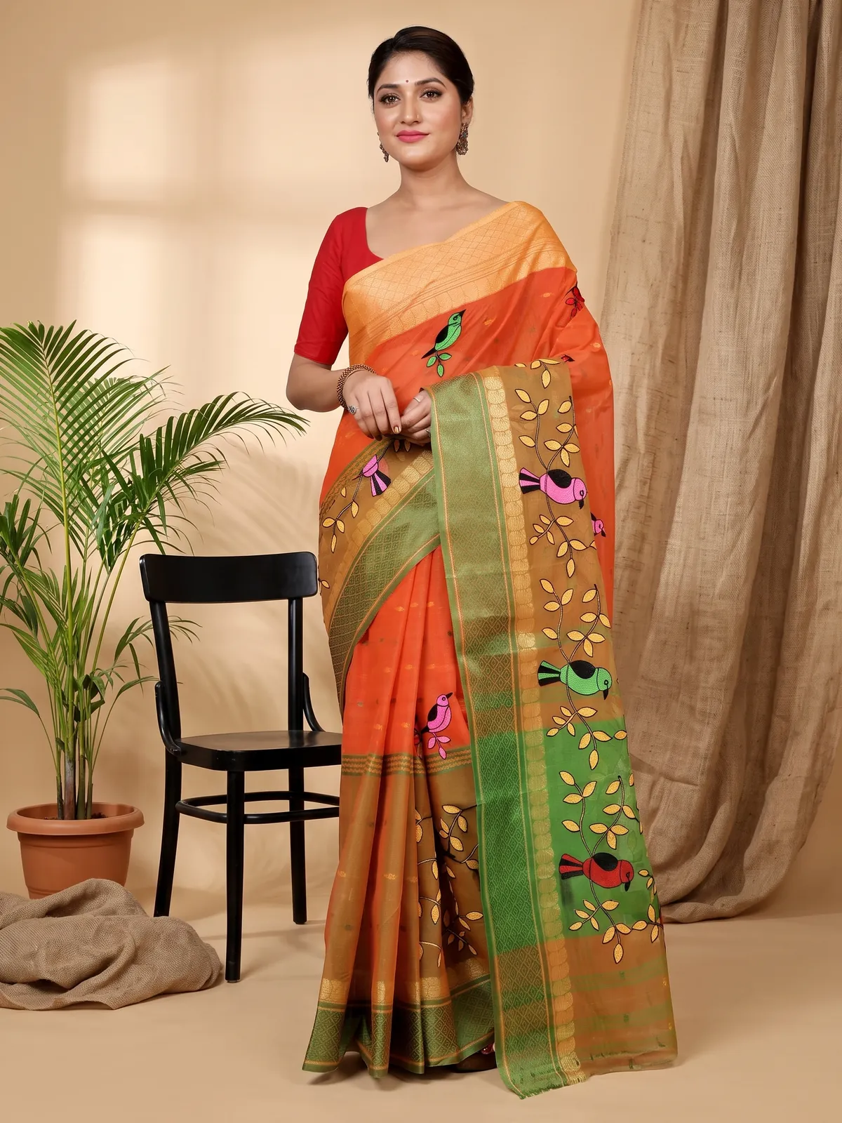 DipDiya Pure Cotton Orange Embi Ganga Chari Wrapped in Heritage Embroidery Tant Sarees