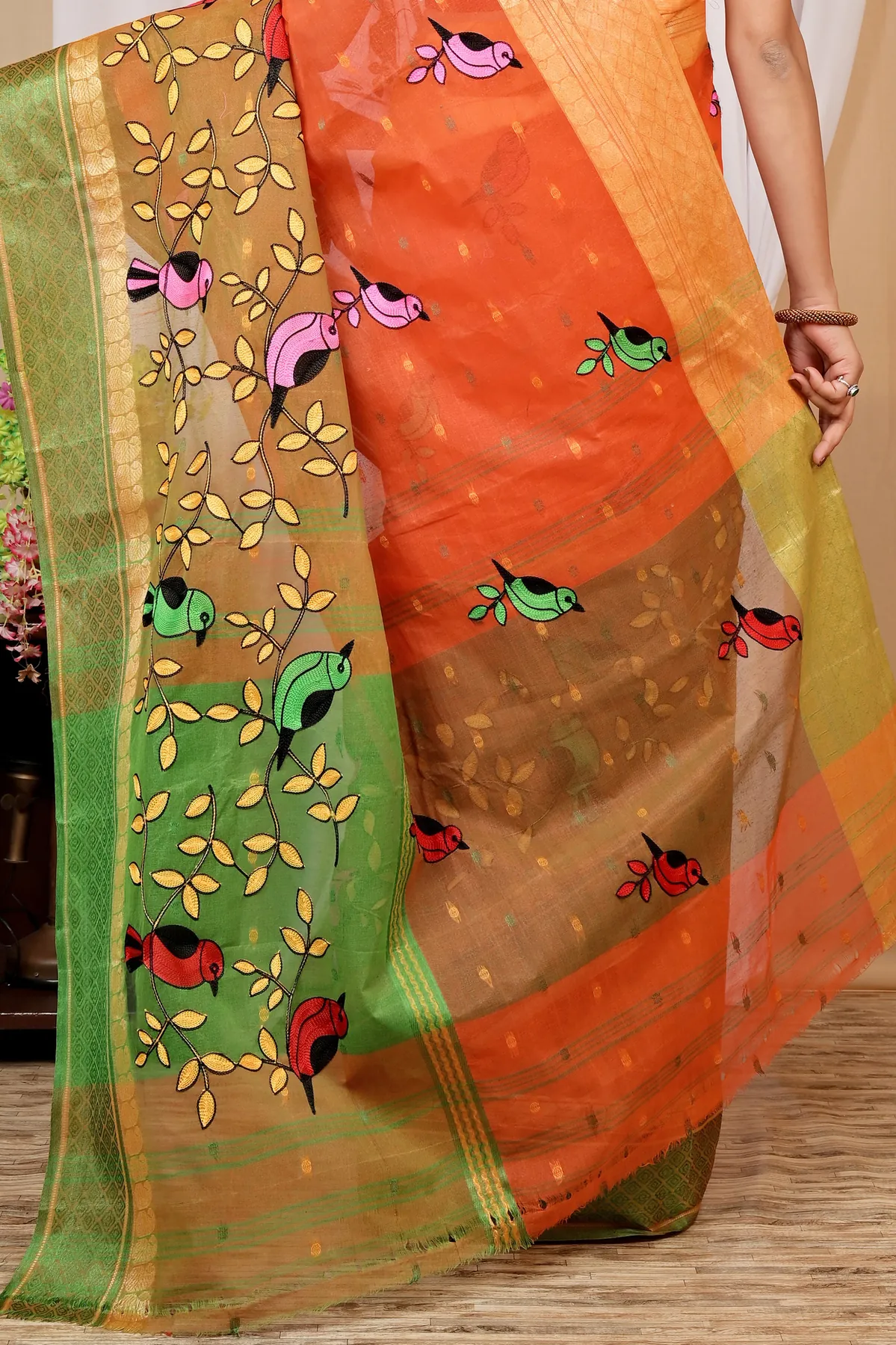 DipDiya Pure Cotton Orange Embi Ganga Chari Wrapped in Heritage Embroidery Tant Sarees