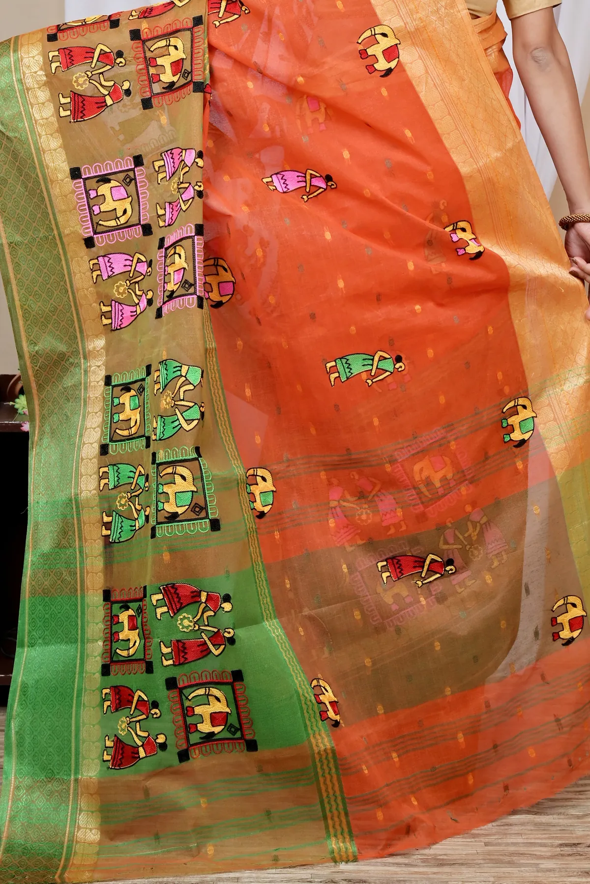 DipDiya Pure Cotton Orange Embi Ganga Gajo Artisan Crafted Embroidery Tant Sarees