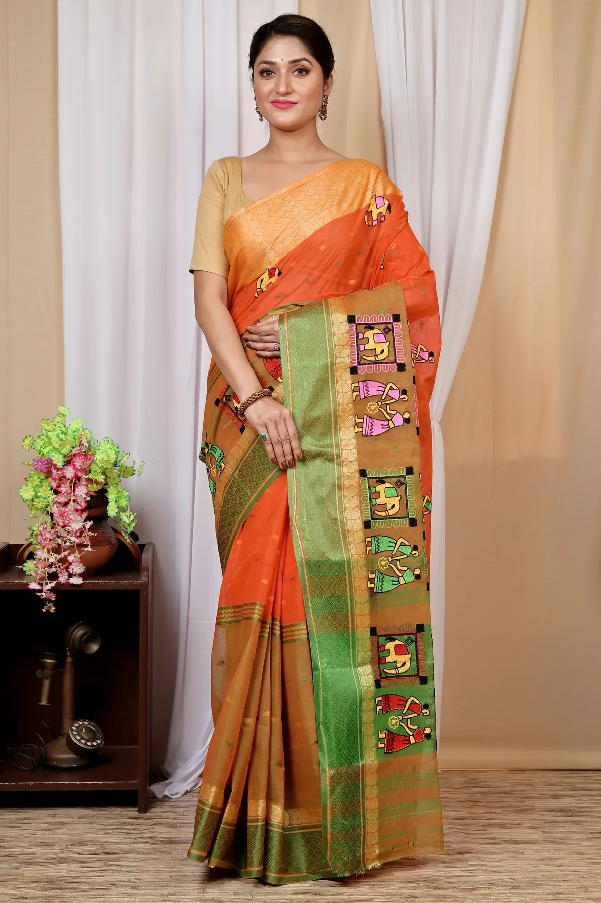DipDiya Pure Cotton Orange Embi Ganga Gajo Artisan Crafted Embroidery Tant Sarees