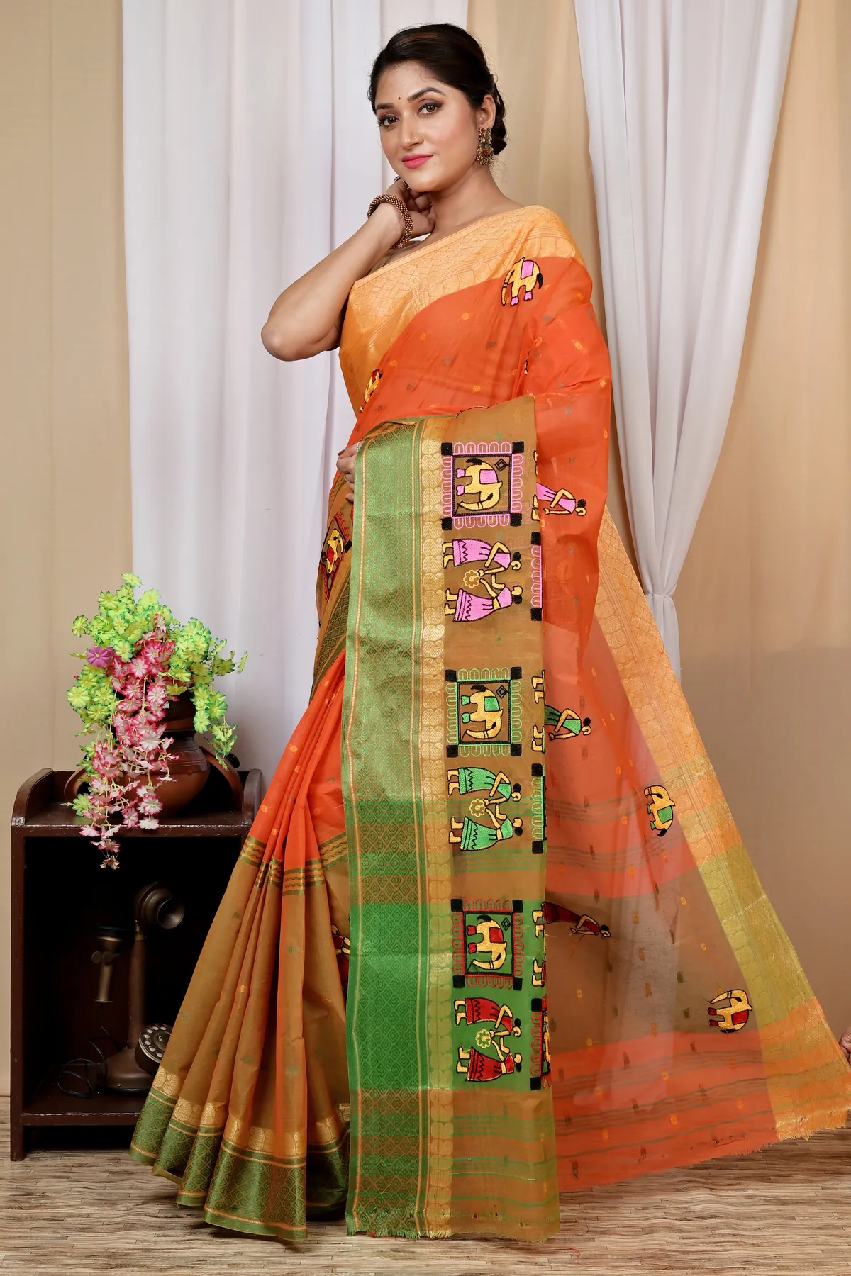 DipDiya Pure Cotton Orange Embi Ganga Gajo Artisan Crafted Embroidery Tant Sarees