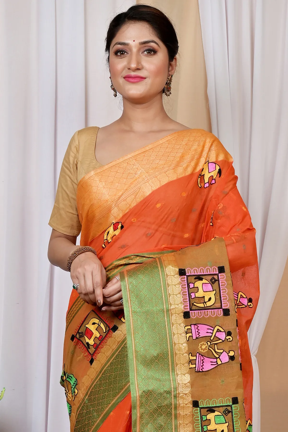 DipDiya Pure Cotton Orange Embi Ganga Gajo Artisan Crafted Embroidery Tant Sarees