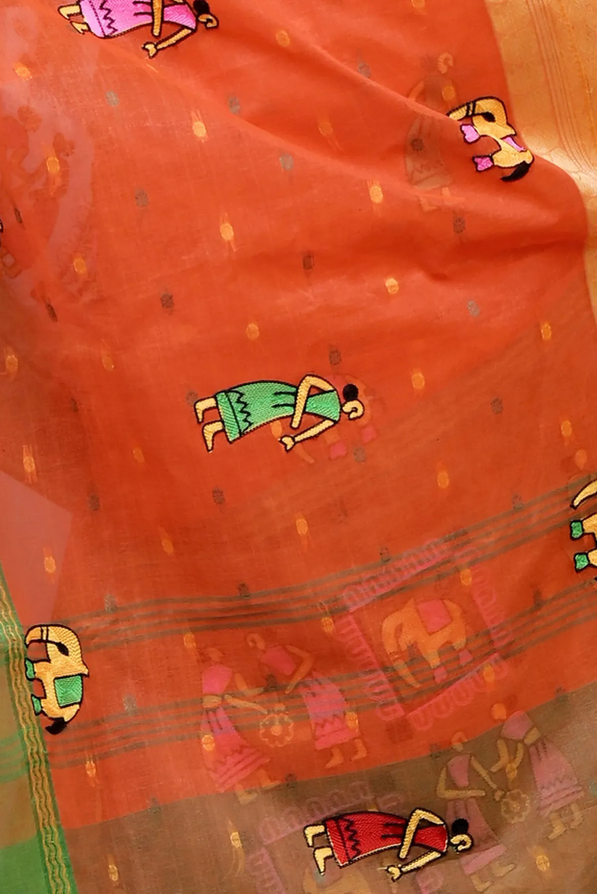DipDiya Pure Cotton Orange Embi Ganga Gajo Artisan Crafted Embroidery Tant Sarees