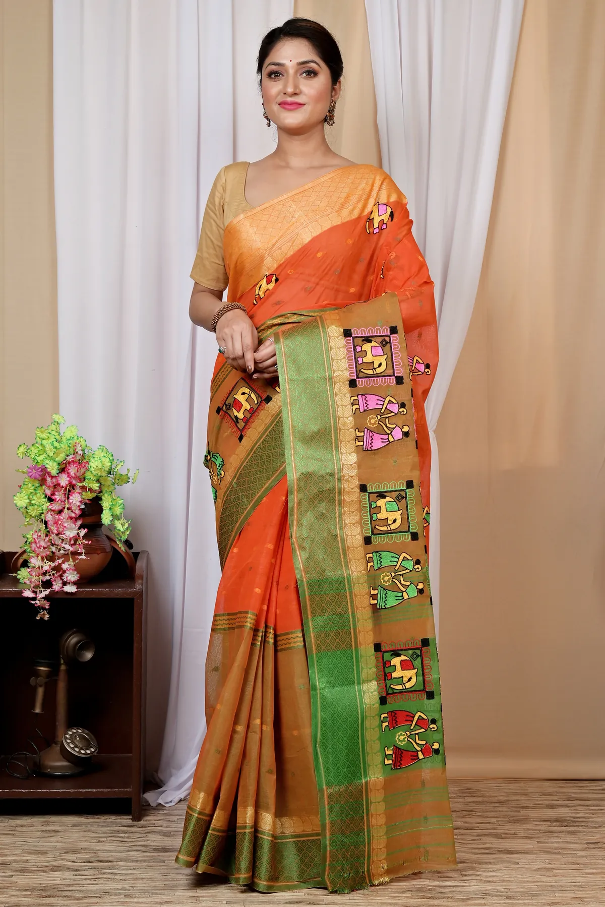 DipDiya Pure Cotton Orange Embi Ganga Gajo Artisan Crafted Embroidery Tant Sarees