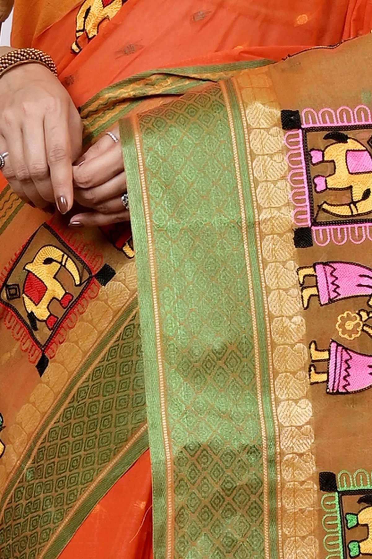 DipDiya Pure Cotton Orange Embi Ganga Gajo Artisan Crafted Embroidery Tant Sarees