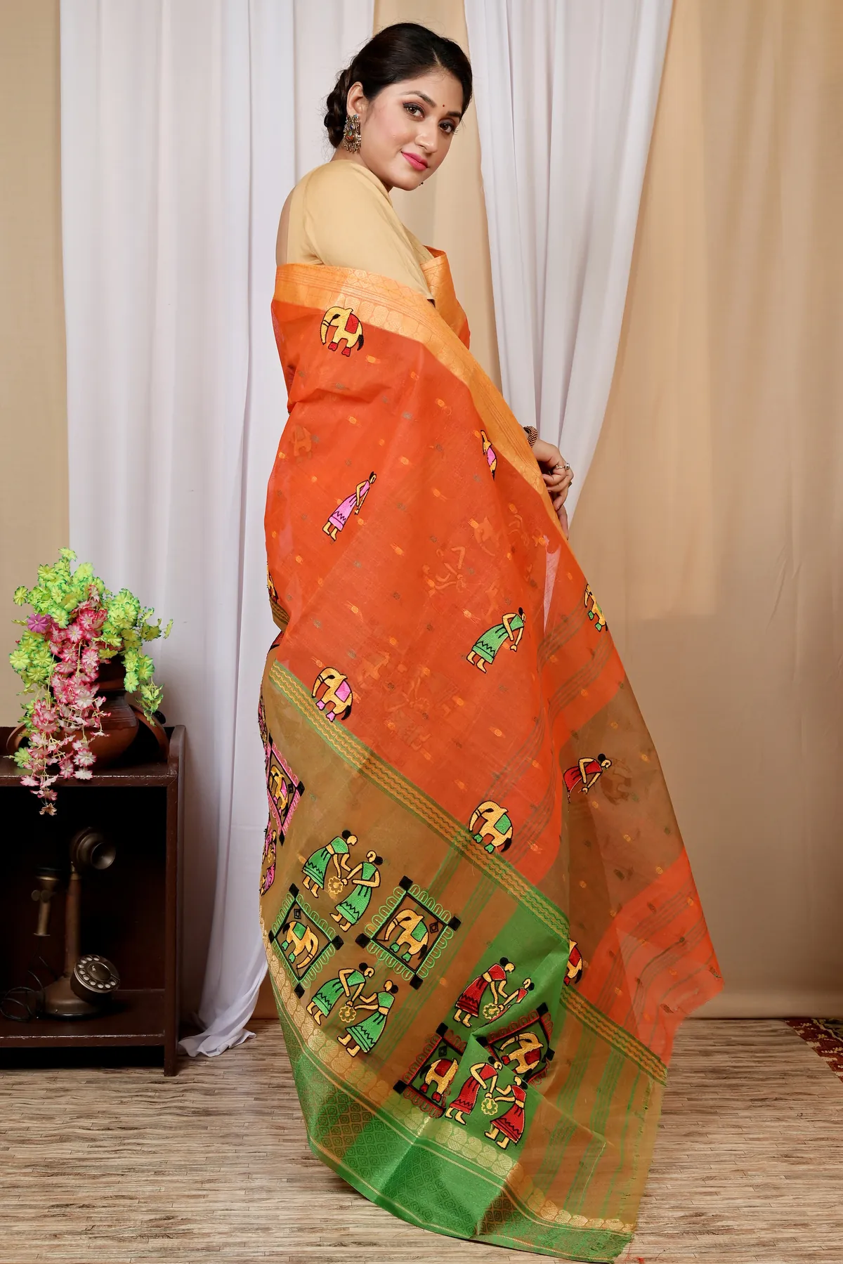 DipDiya Pure Cotton Orange Embi Ganga Gajo Artisan Crafted Embroidery Tant Sarees