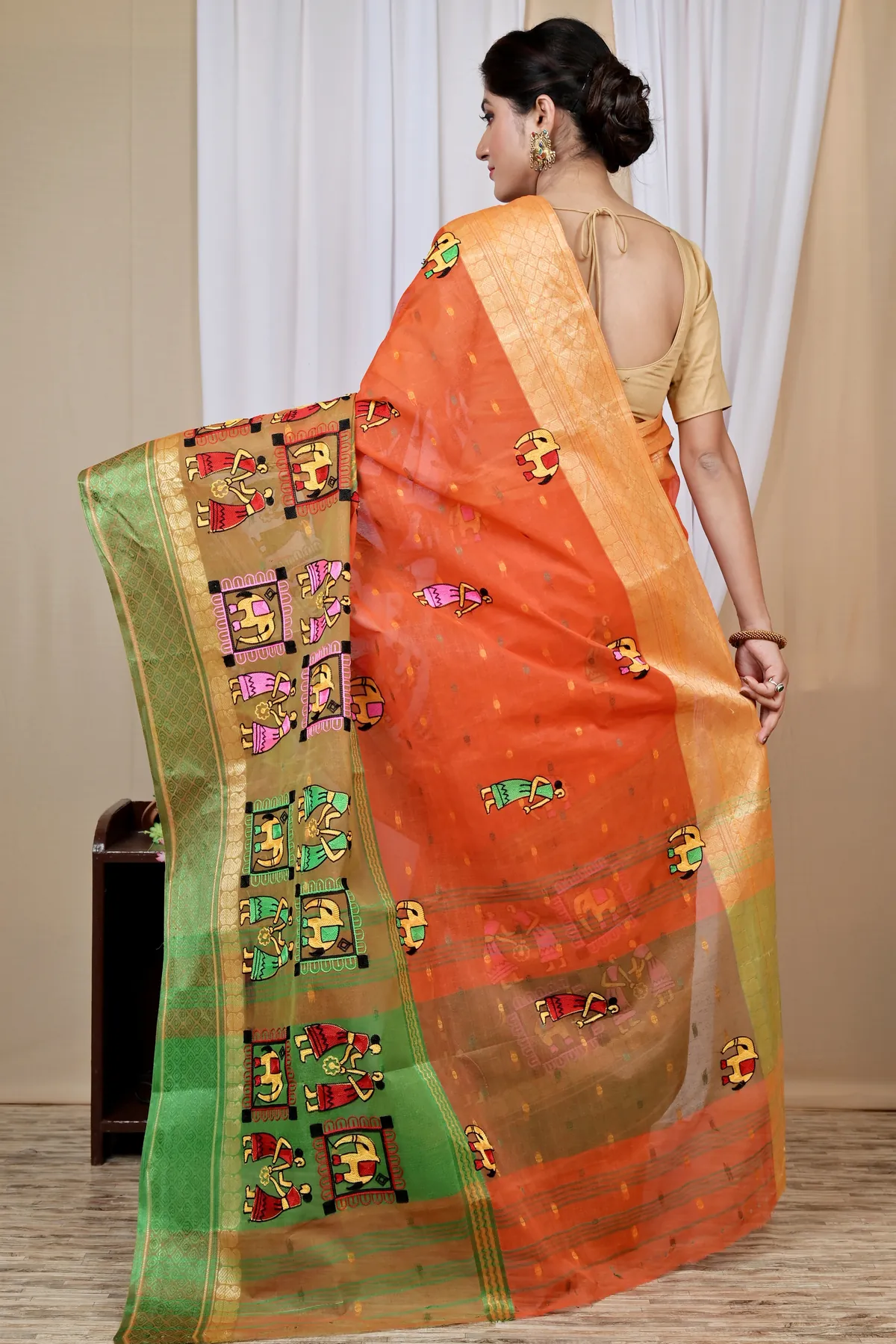 DipDiya Pure Cotton Orange Embi Ganga Gajo Artisan Crafted Embroidery Tant Sarees