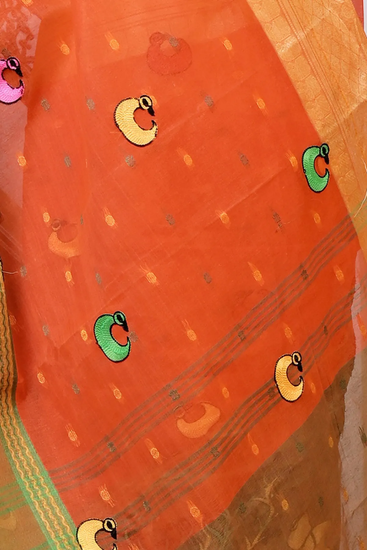 DipDiya Pure Cotton Orange Embi Ganga Indra Traditional Elegance Embroidery Tant Sarees