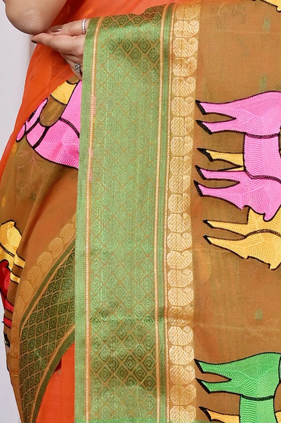 DipDiya Pure Cotton Orange Embi Ganga Indra Traditional Elegance Embroidery Tant Sarees