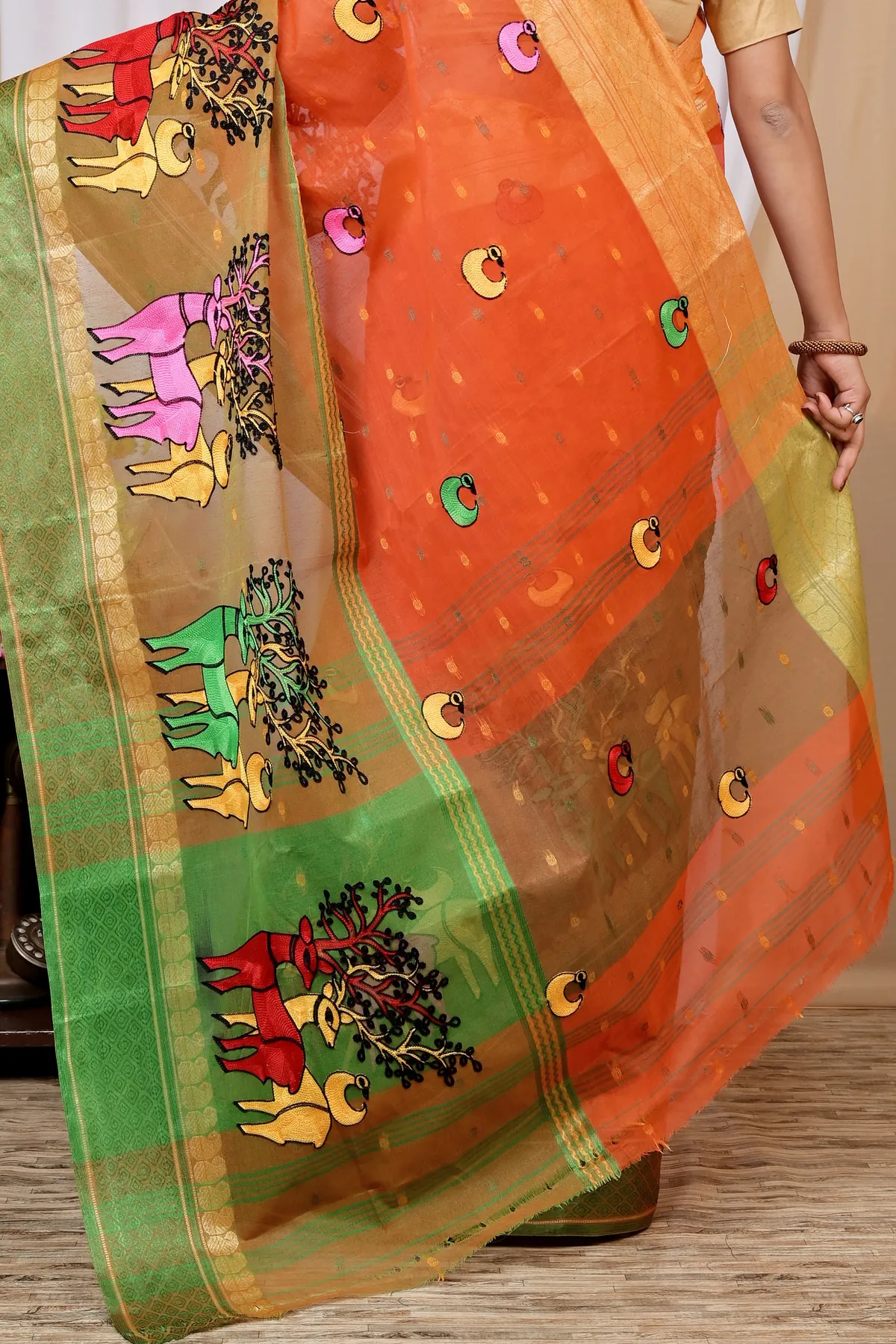 DipDiya Pure Cotton Orange Embi Ganga Indra Traditional Elegance Embroidery Tant Sarees