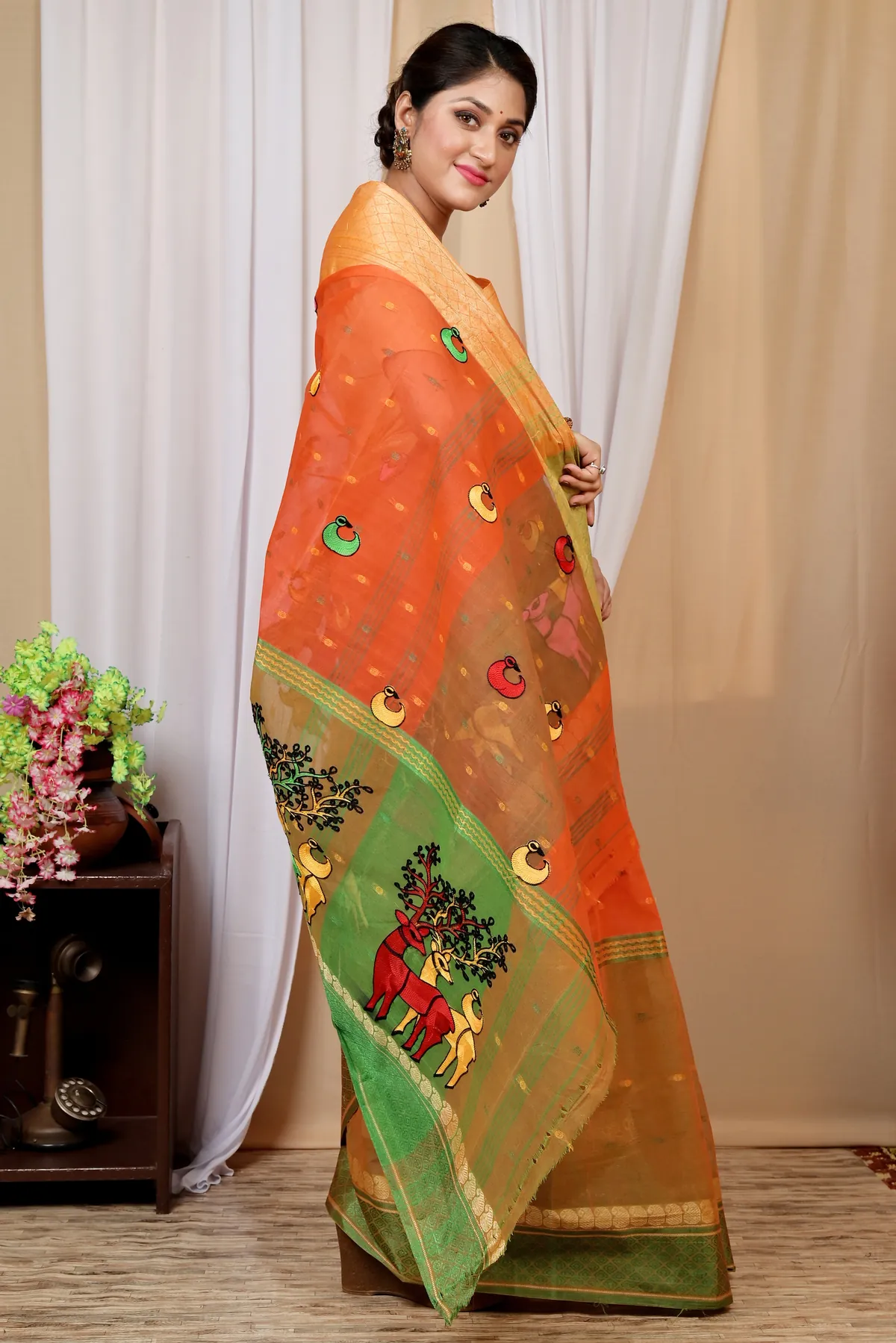 DipDiya Pure Cotton Orange Embi Ganga Indra Traditional Elegance Embroidery Tant Sarees