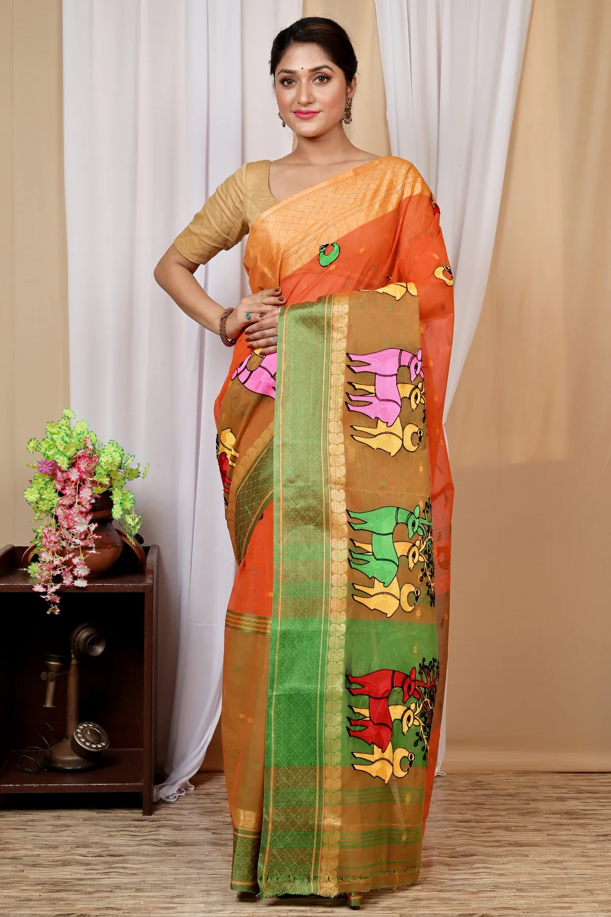 DipDiya Pure Cotton Orange Embi Ganga Indra Traditional Elegance Embroidery Tant Sarees