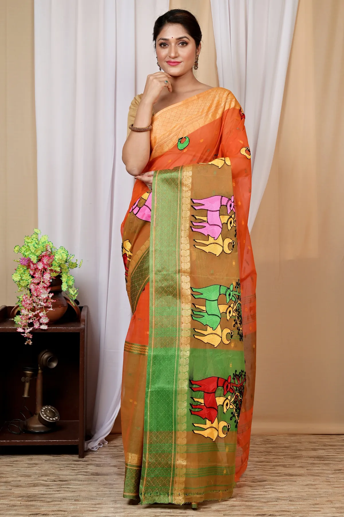 DipDiya Pure Cotton Orange Embi Ganga Indra Traditional Elegance Embroidery Tant Sarees
