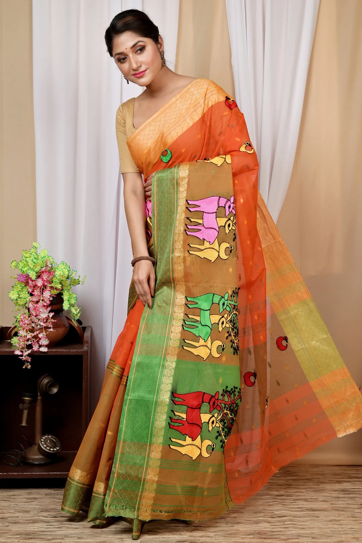 DipDiya Pure Cotton Orange Embi Ganga Indra Traditional Elegance Embroidery Tant Sarees