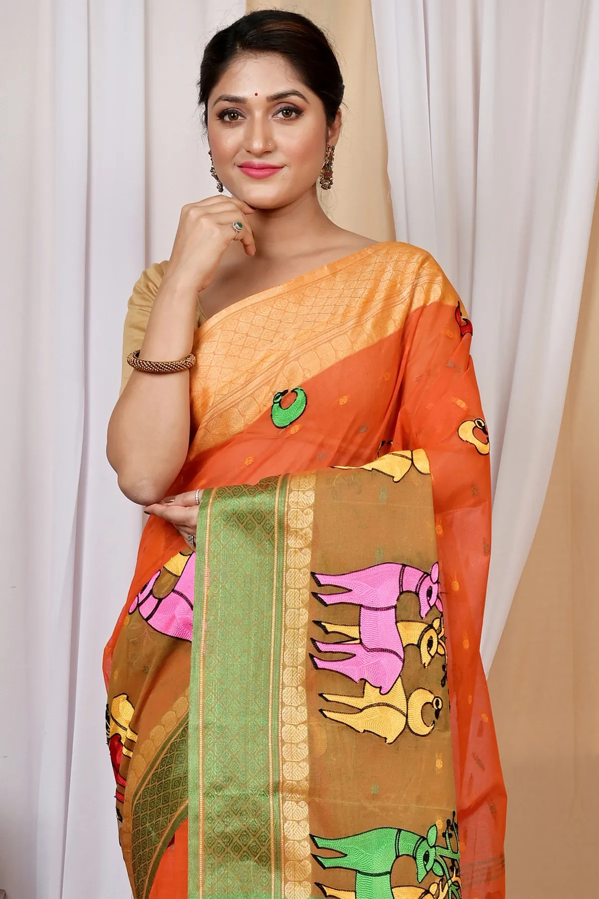 DipDiya Pure Cotton Orange Embi Ganga Indra Traditional Elegance Embroidery Tant Sarees