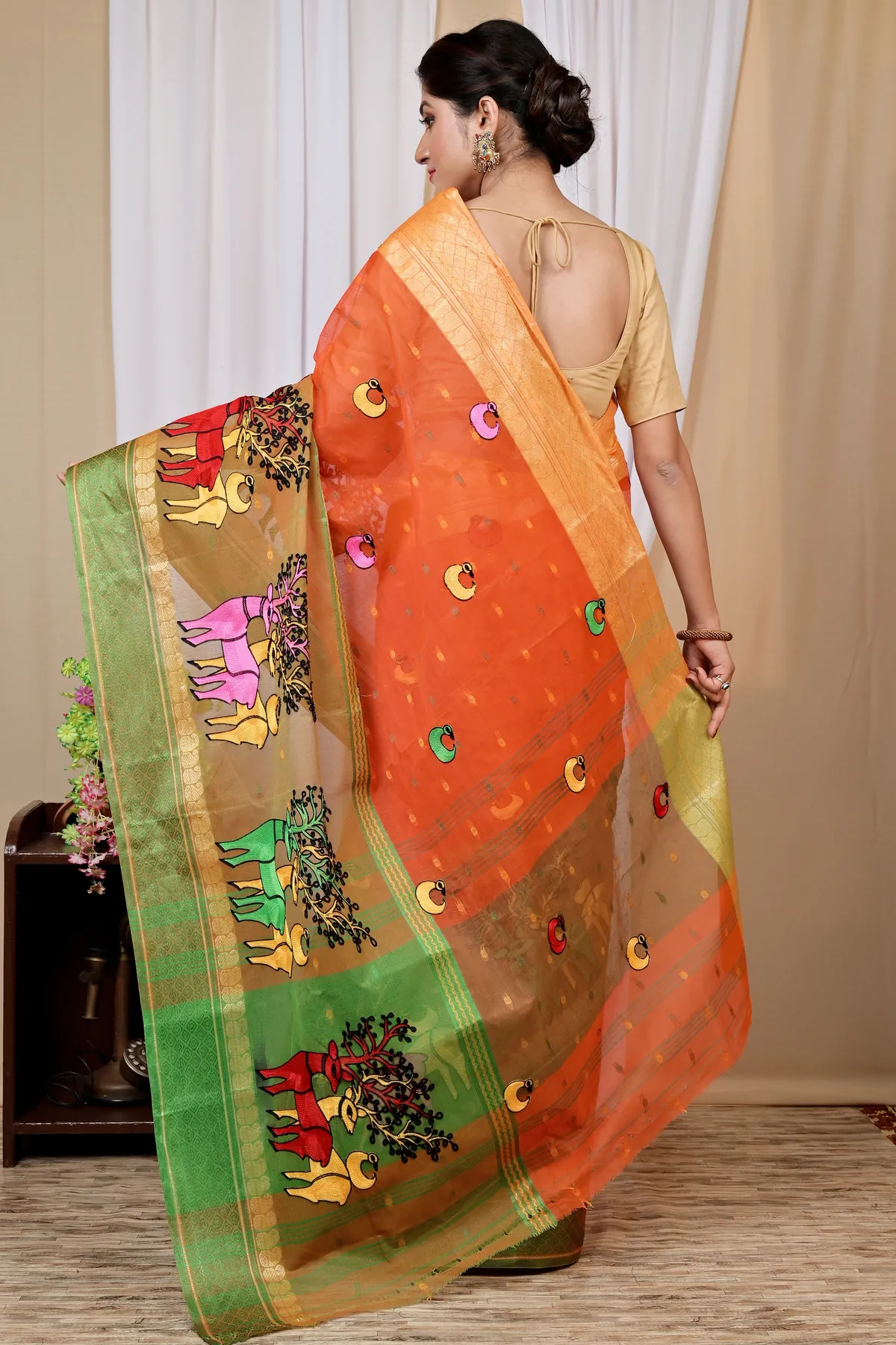 DipDiya Pure Cotton Orange Embi Ganga Indra Traditional Elegance Embroidery Tant Sarees