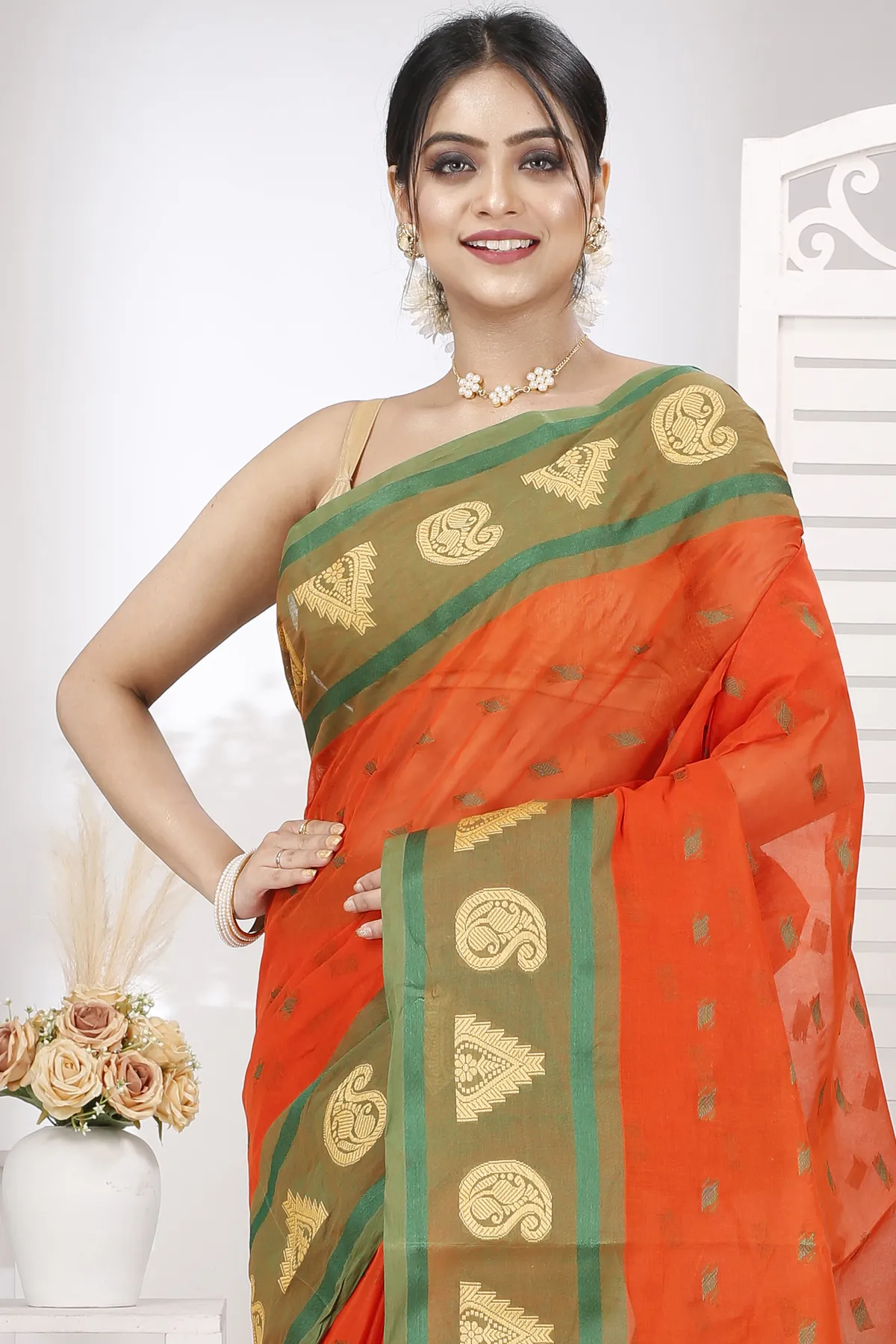 DipDiya Pure Cotton Orange Emma Border Loom to Love Tant Sarees