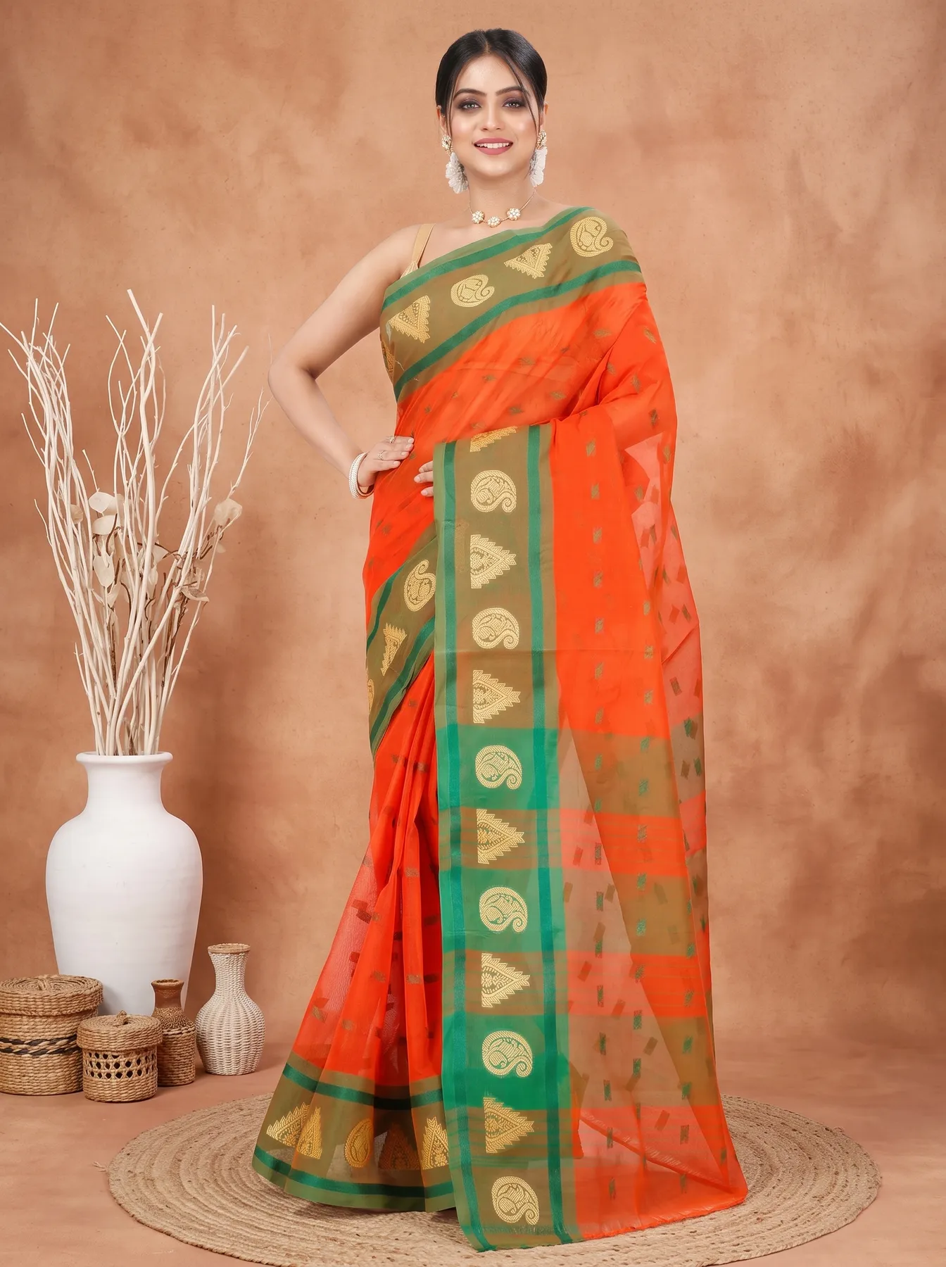 DipDiya Pure Cotton Orange Emma Border Loom to Love Tant Sarees