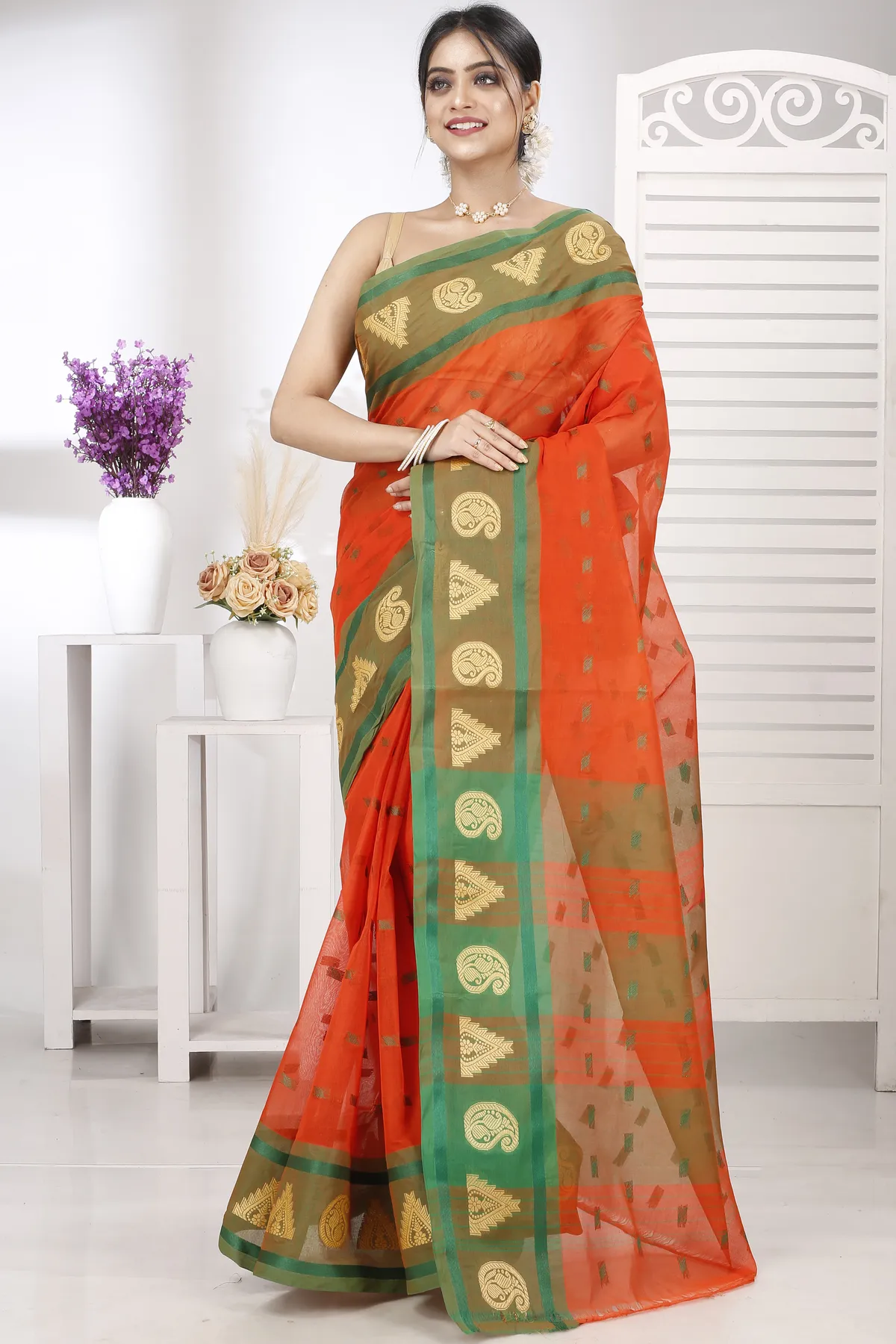 DipDiya Pure Cotton Orange Emma Border Loom to Love Tant Sarees