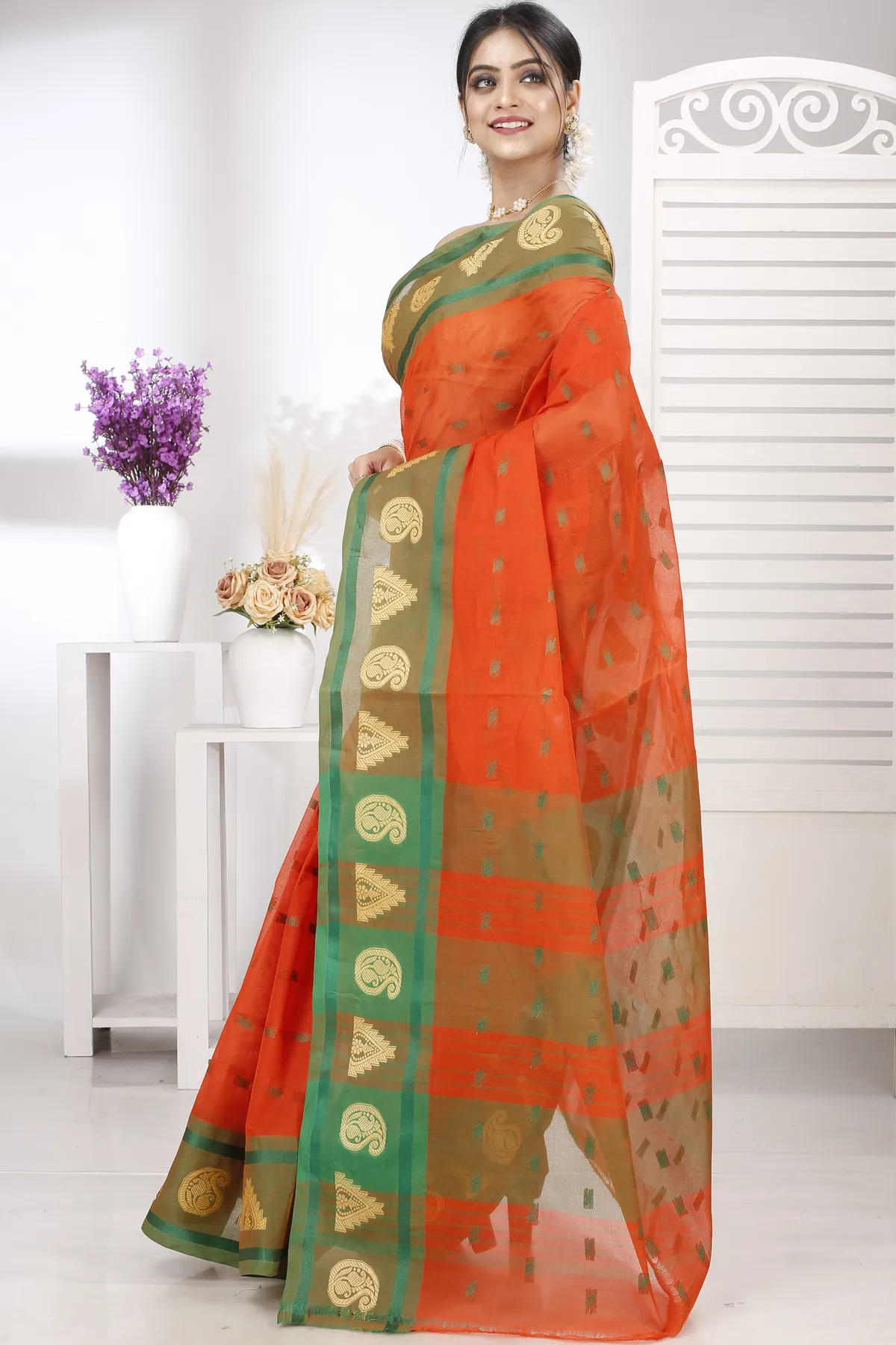 DipDiya Pure Cotton Orange Emma Border Loom to Love Tant Sarees