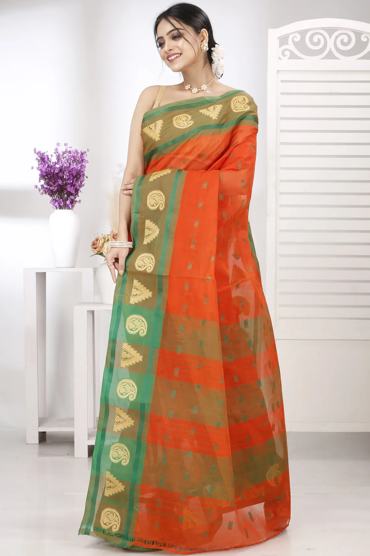 DipDiya Pure Cotton Orange Emma Border Loom to Love Tant Sarees