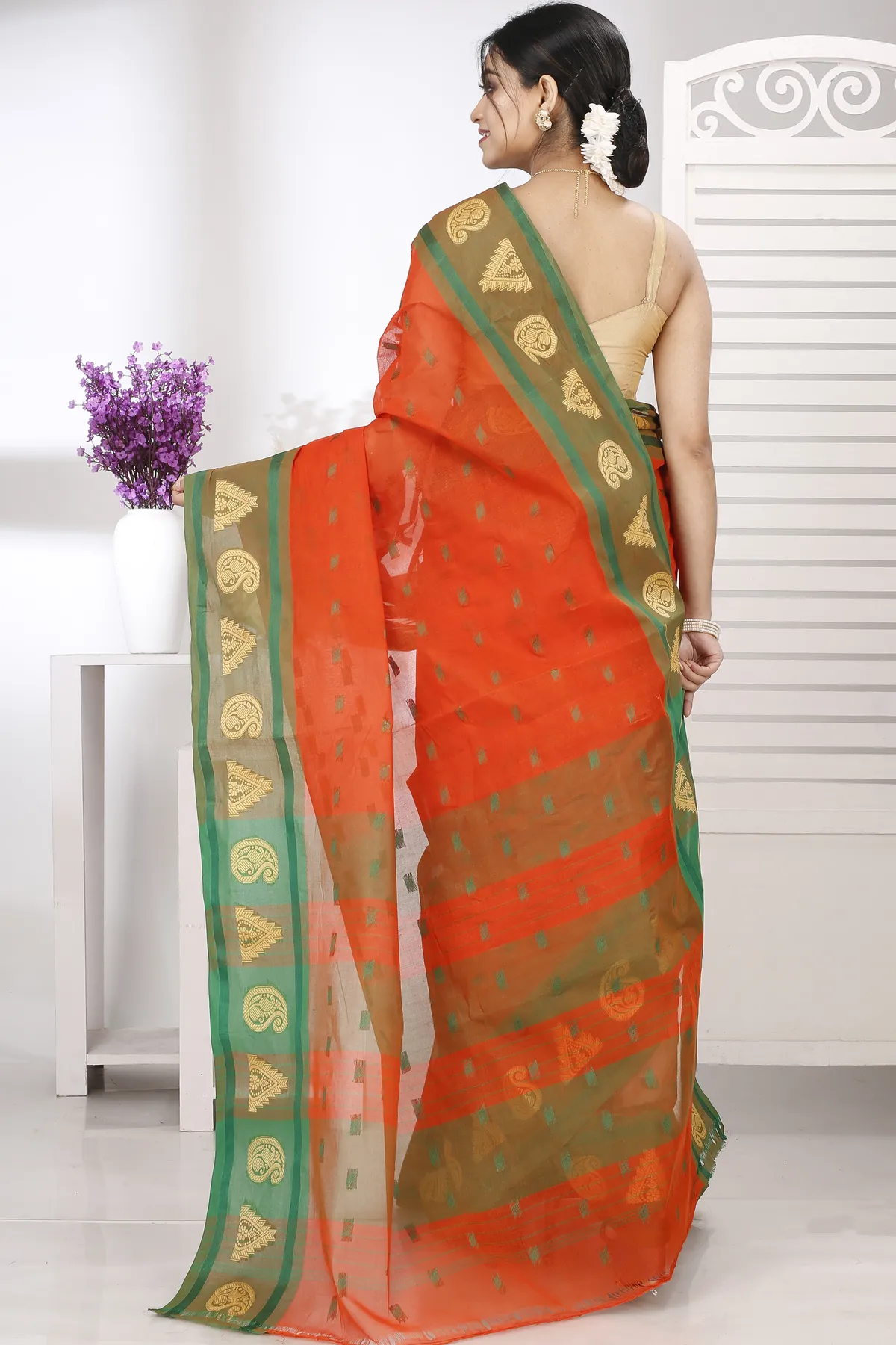DipDiya Pure Cotton Orange Emma Border Loom to Love Tant Sarees