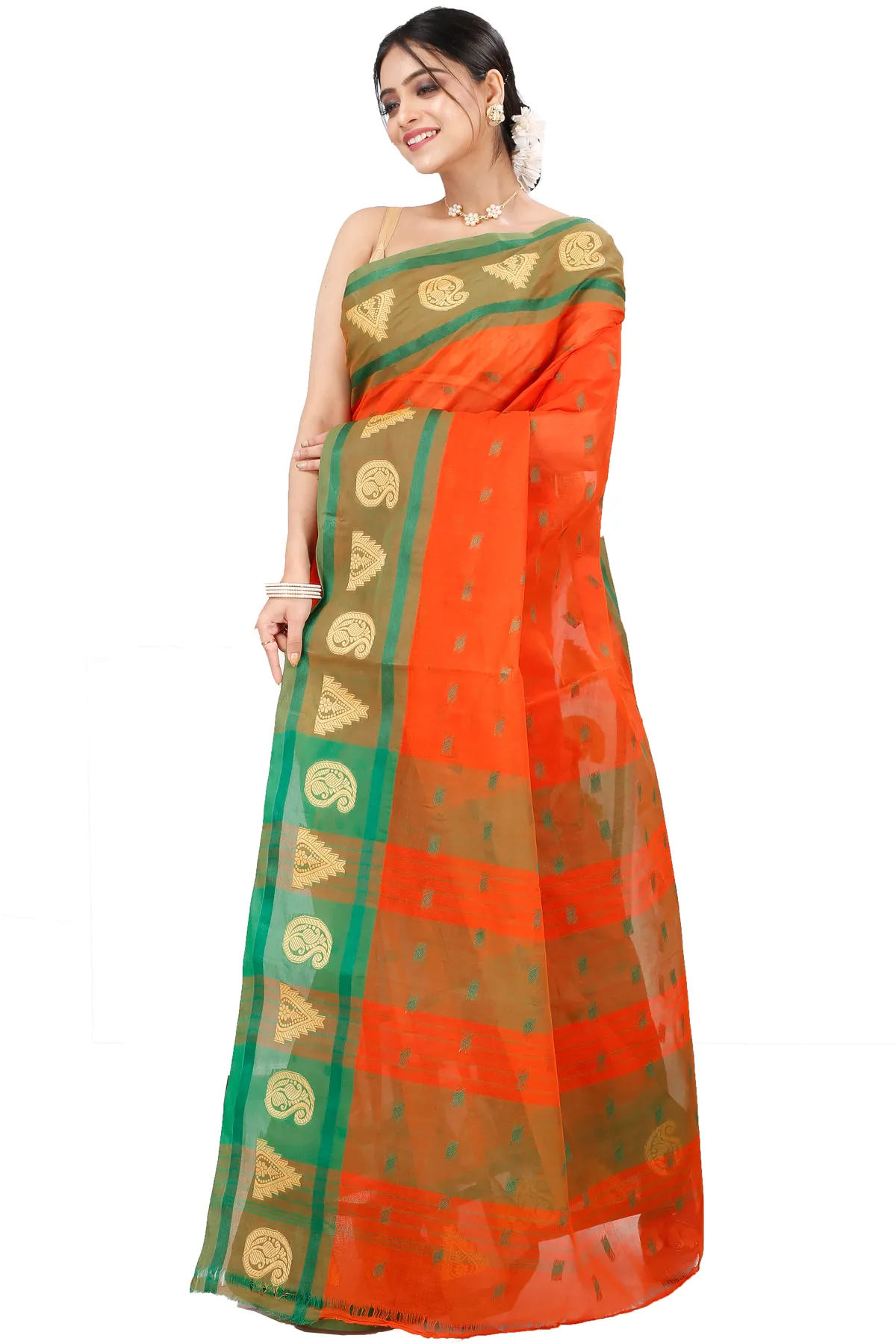 DipDiya Pure Cotton Orange Emma Border Loom to Love Tant Sarees