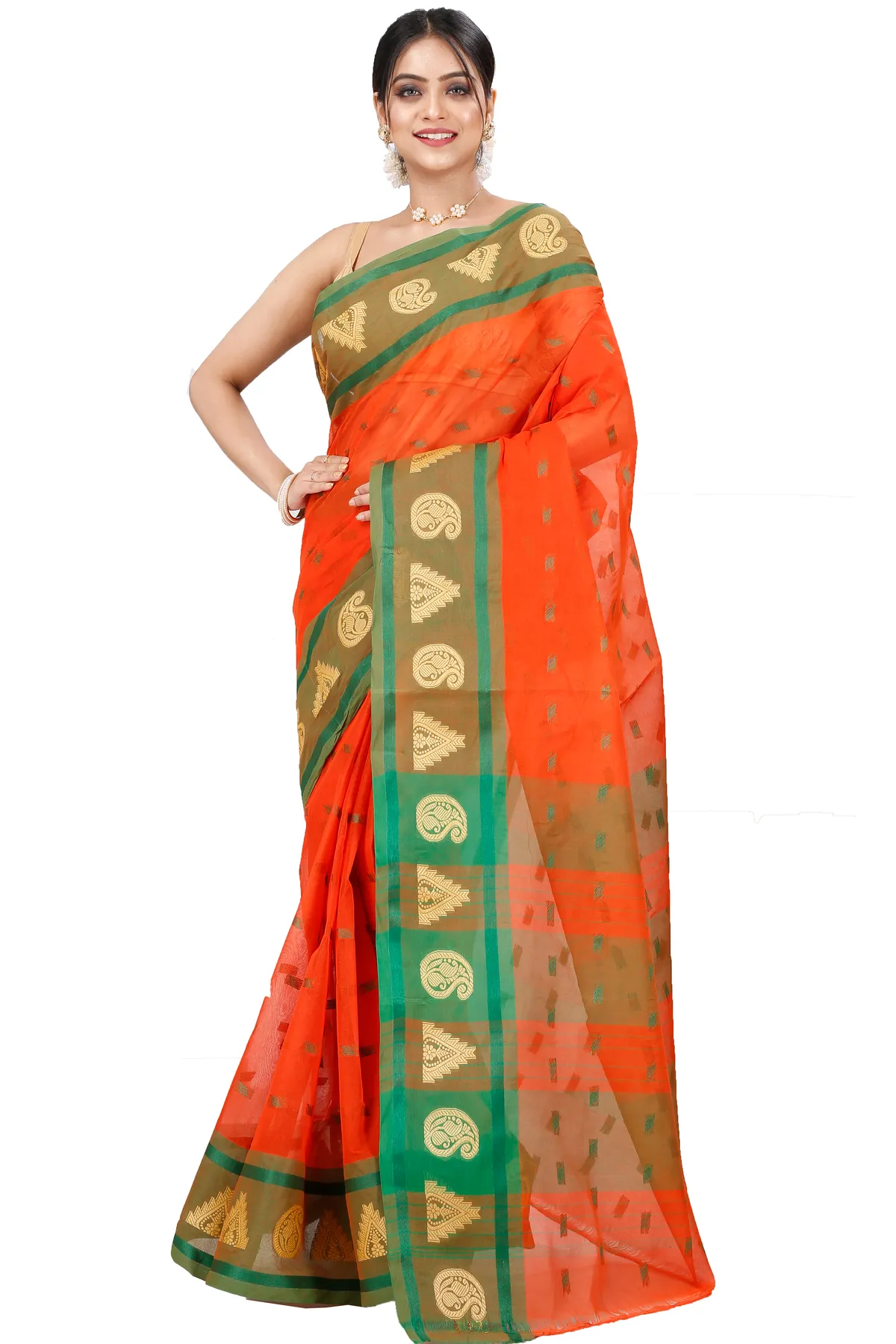 DipDiya Pure Cotton Orange Emma Border Loom to Love Tant Sarees