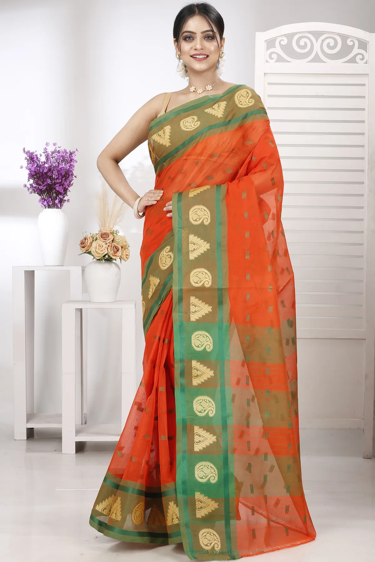 DipDiya Pure Cotton Orange Emma Border Loom to Love Tant Sarees