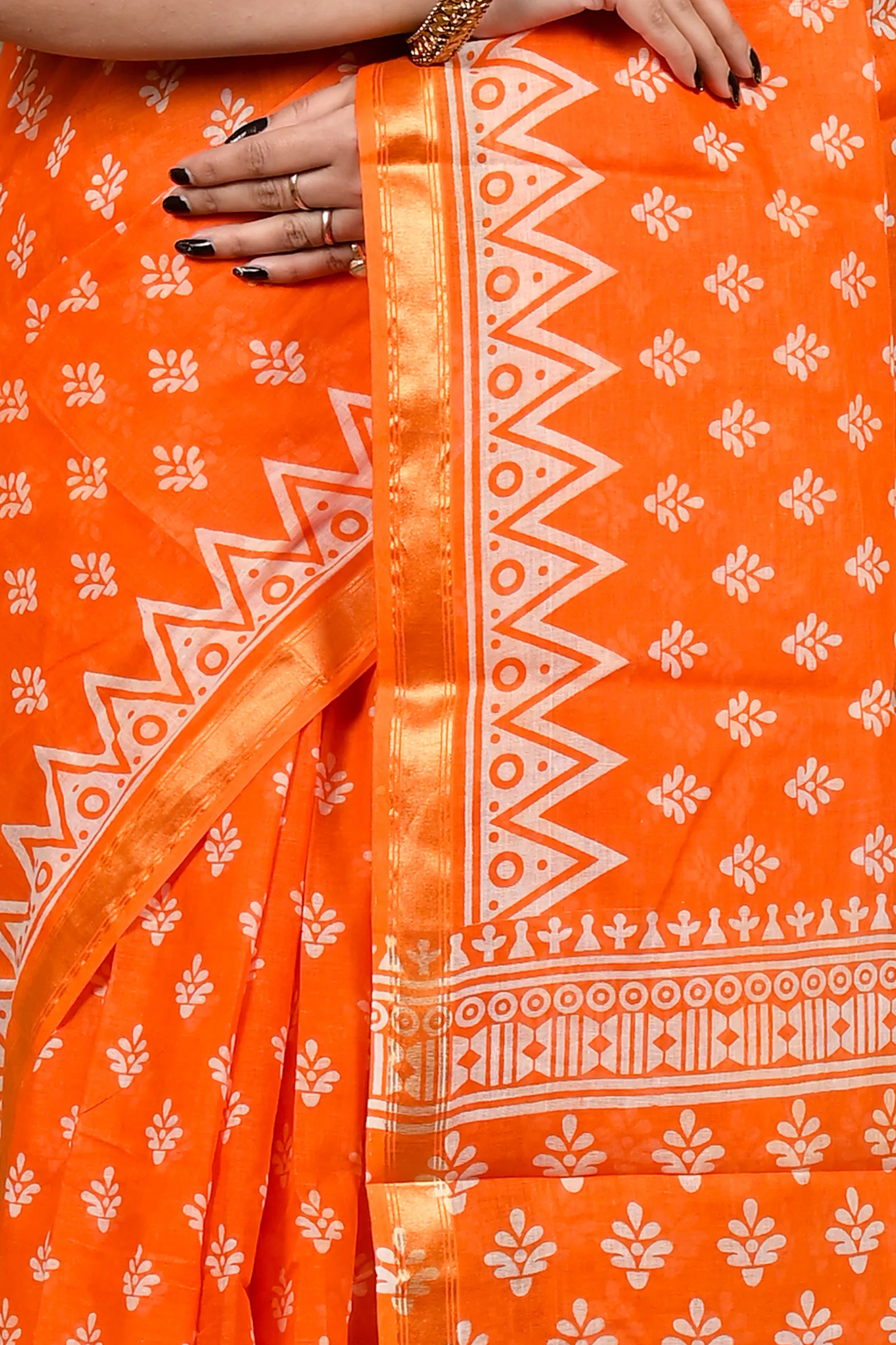 DipDiya Pure Cotton Orange Febasi Artisan Crafted Batik Print Sarees