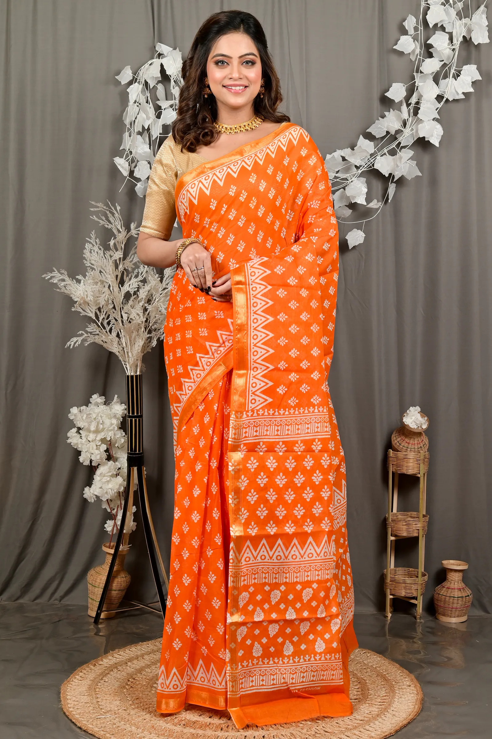 DipDiya Pure Cotton Orange Febasi Artisan Crafted Batik Print Sarees