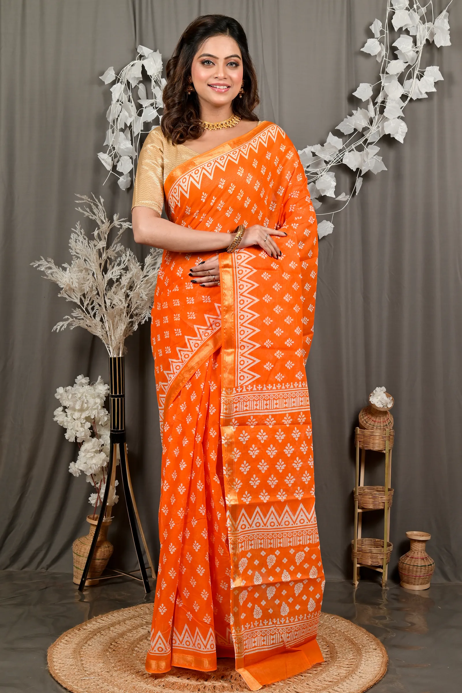 DipDiya Pure Cotton Orange Febasi Artisan Crafted Batik Print Sarees