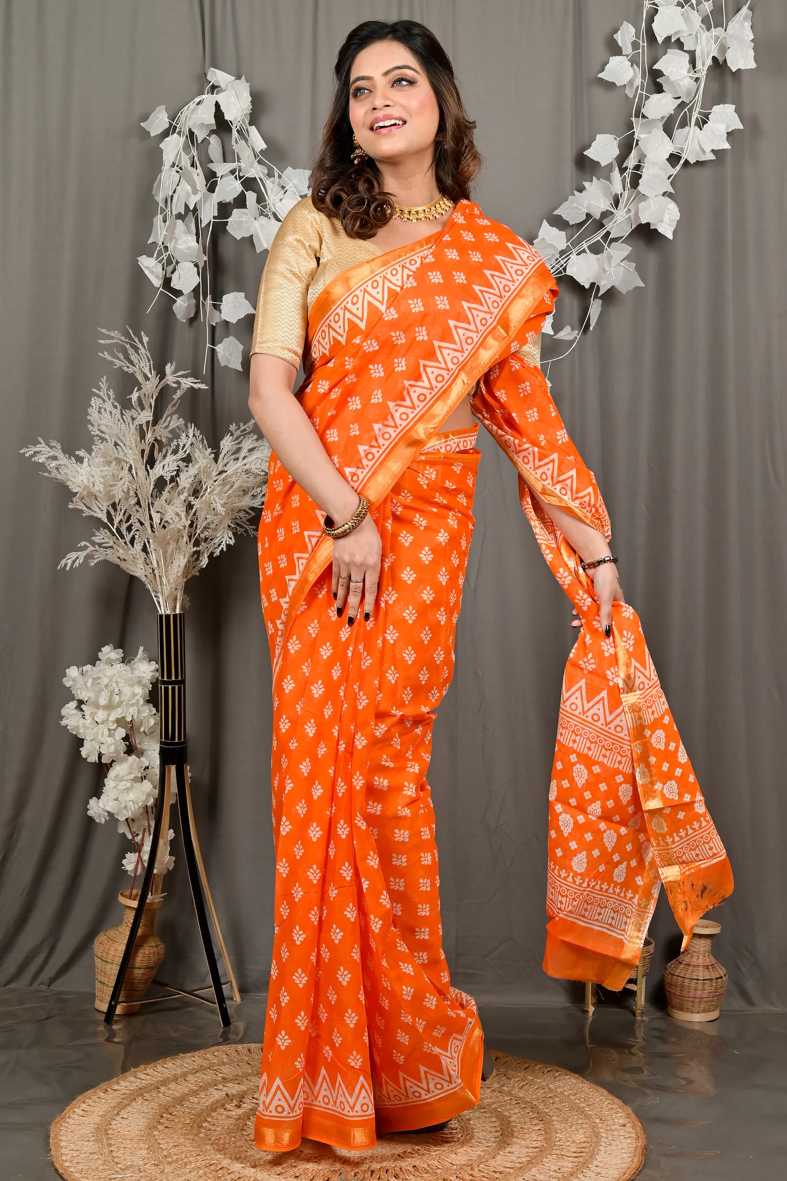DipDiya Pure Cotton Orange Febasi Artisan Crafted Batik Print Sarees