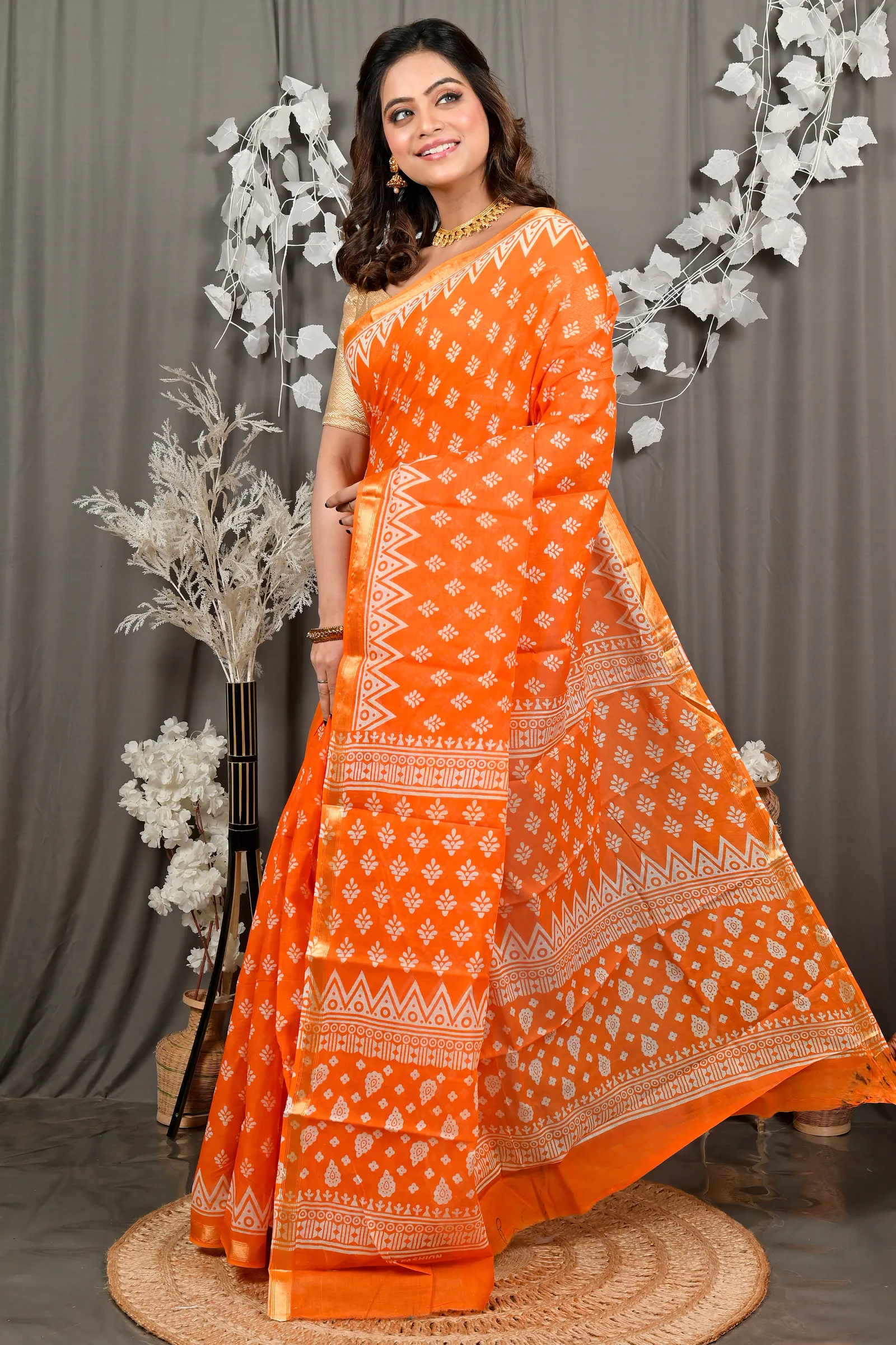 DipDiya Pure Cotton Orange Febasi Artisan Crafted Batik Print Sarees