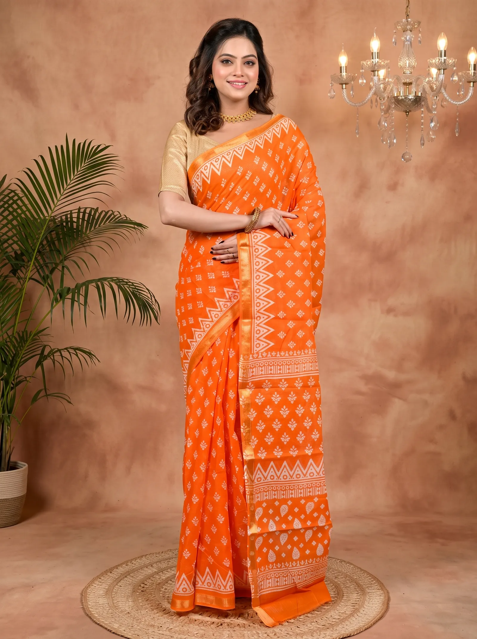 DipDiya Pure Cotton Orange Febasi Artisan Crafted Batik Print Sarees