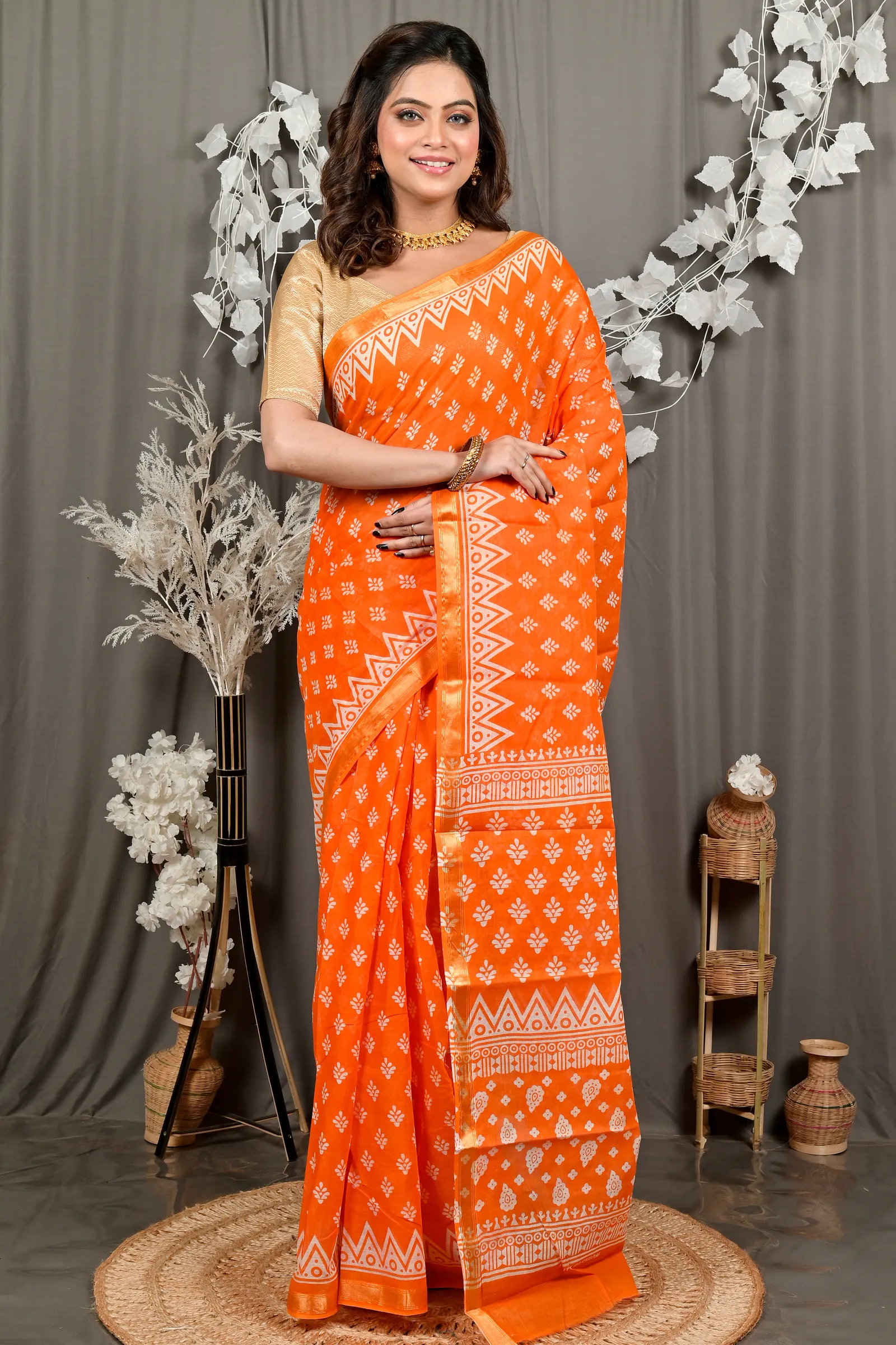 DipDiya Pure Cotton Orange Febasi Artisan Crafted Batik Print Sarees