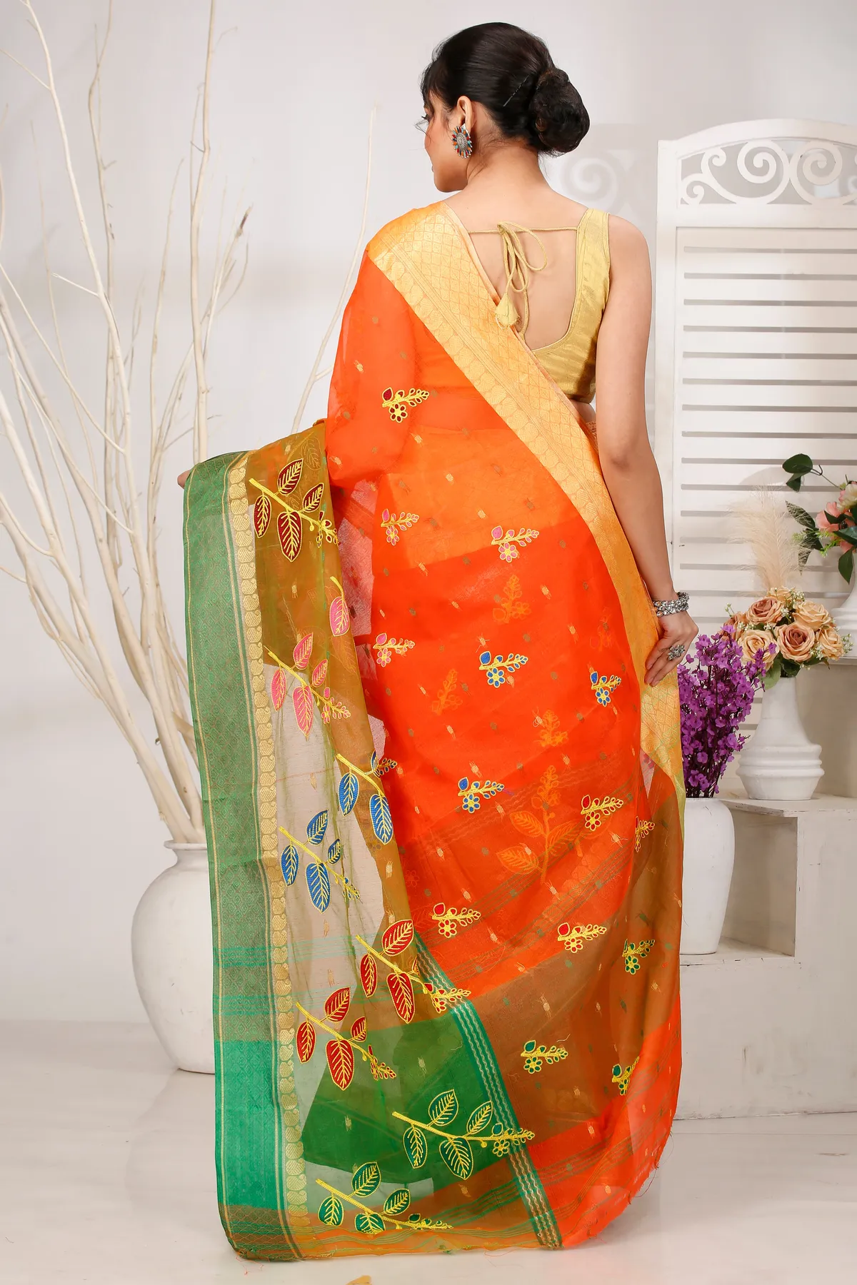 DipDiya Pure Cotton Orange Green Embi Ganga Pata Wrapped in Heritage Embroidery Tant Sarees