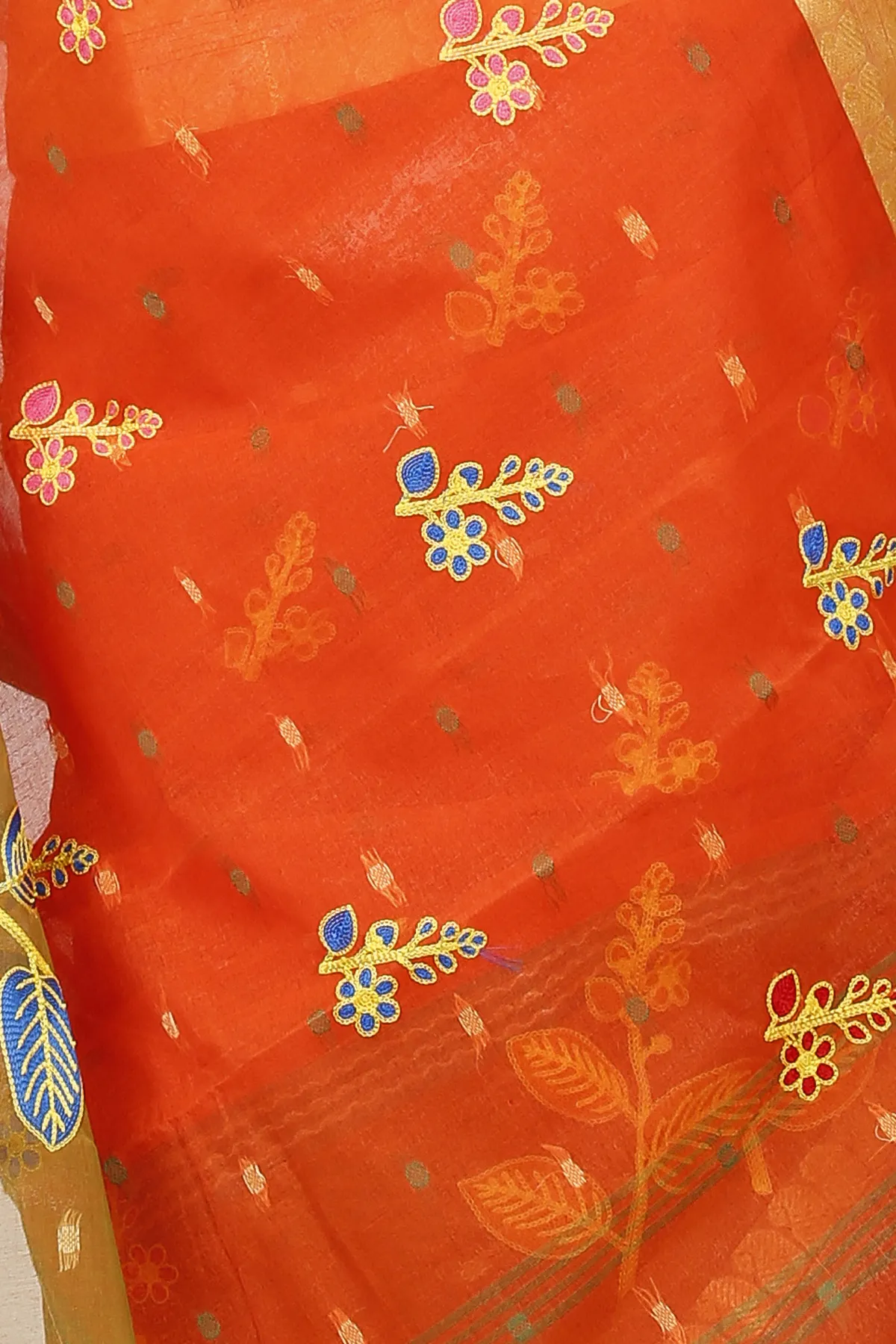 DipDiya Pure Cotton Orange Green Embi Ganga Pata Wrapped in Heritage Embroidery Tant Sarees