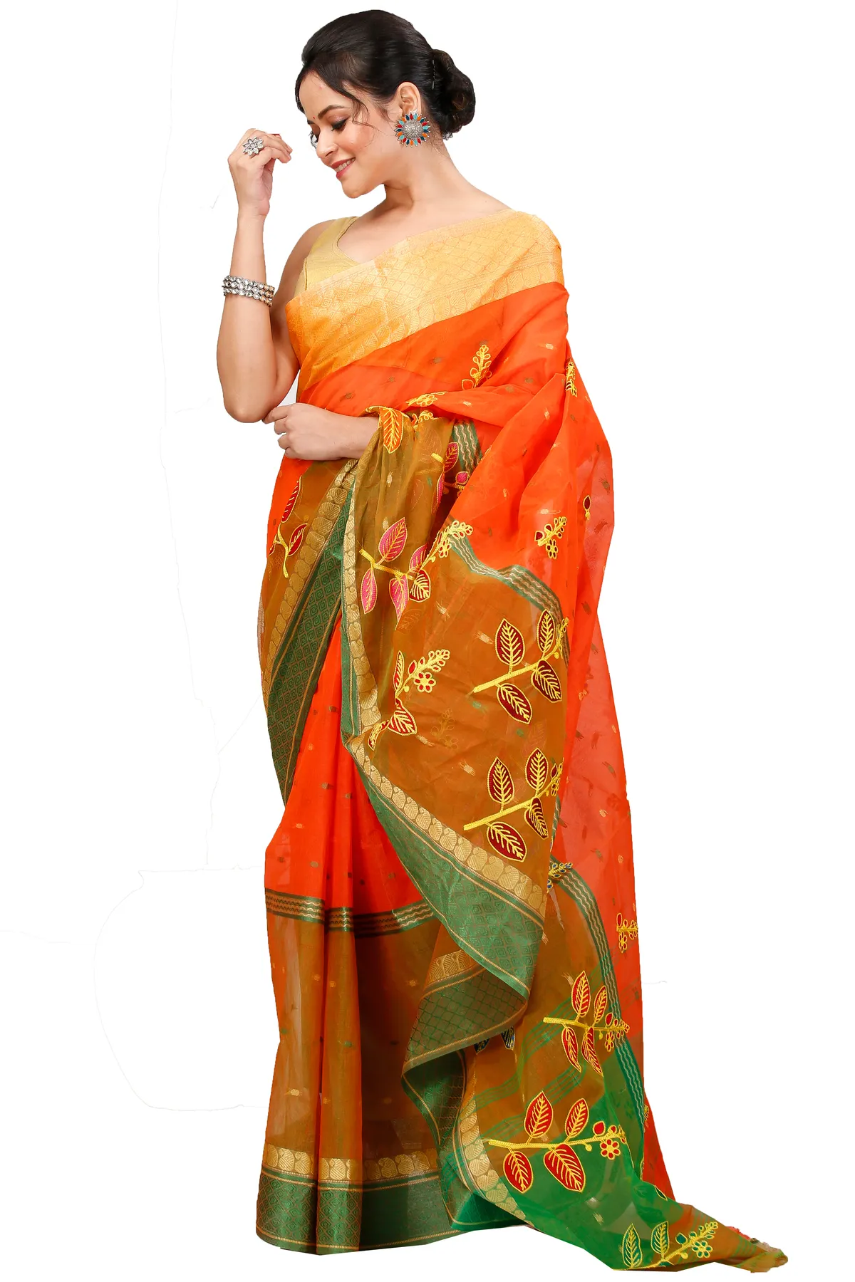 DipDiya Pure Cotton Orange Green Embi Ganga Pata Wrapped in Heritage Embroidery Tant Sarees