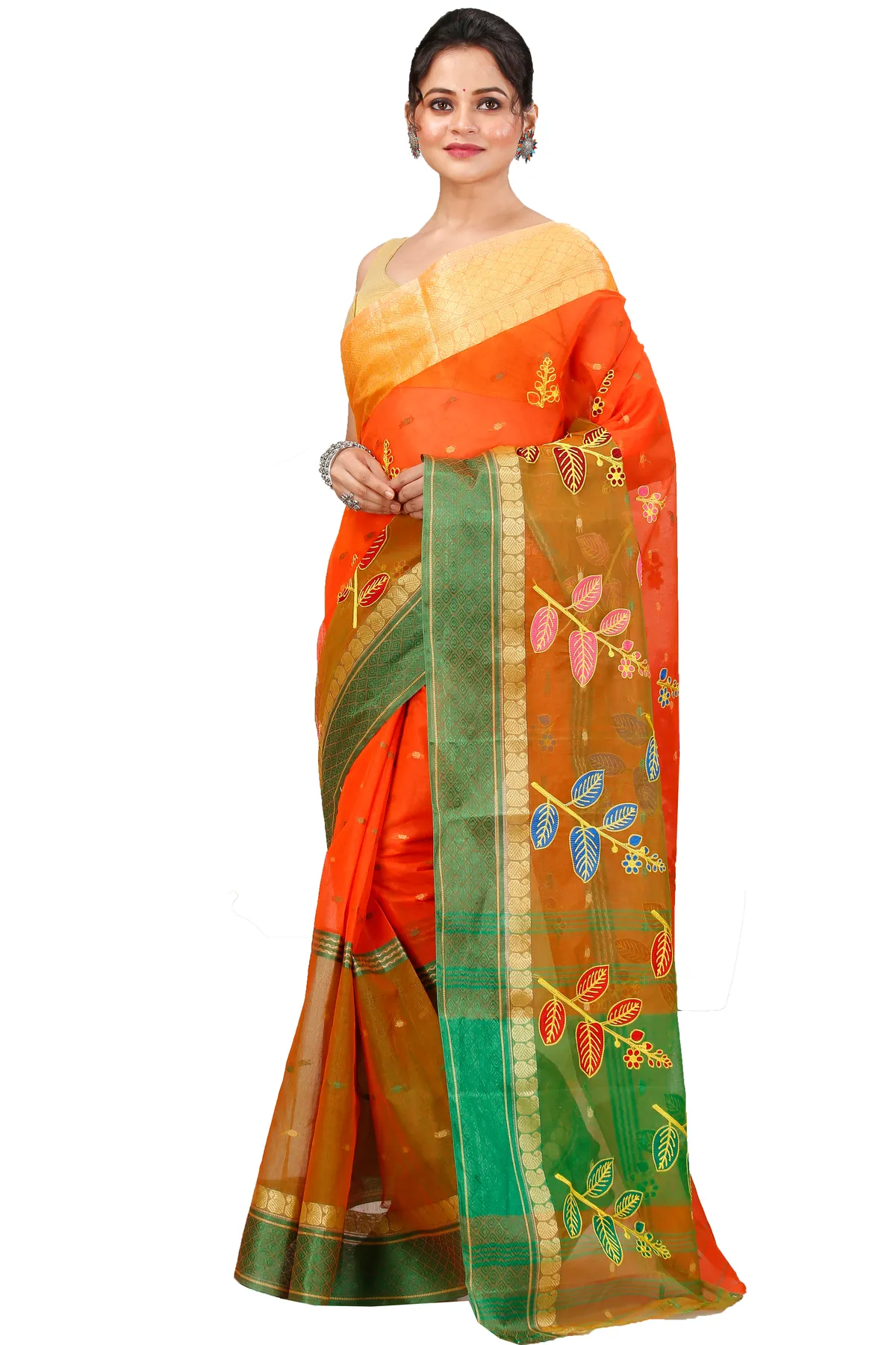 DipDiya Pure Cotton Orange Green Embi Ganga Pata Wrapped in Heritage Embroidery Tant Sarees