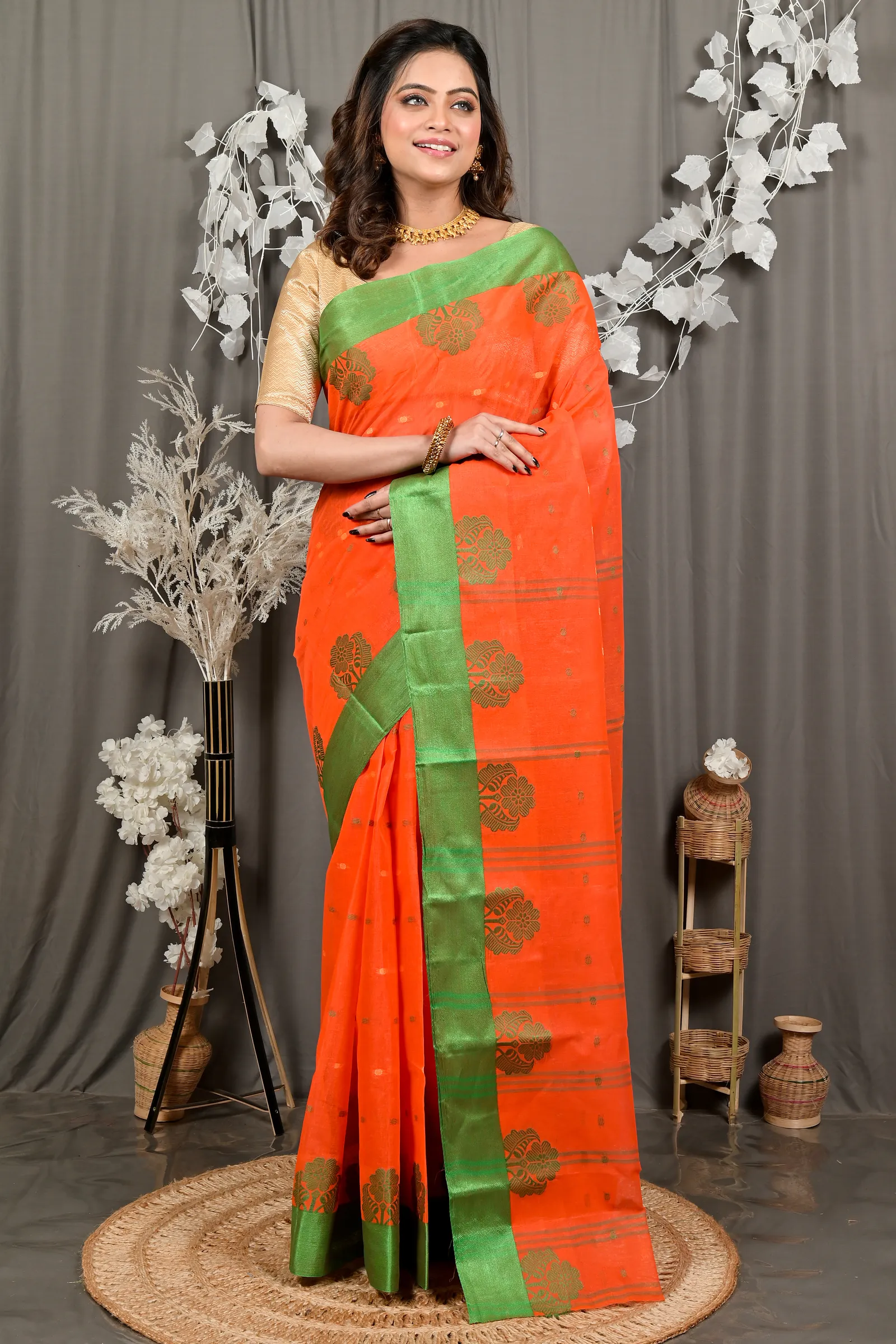 DipDiya Pure Cotton Orange Green Fipani Woven with Tradition Tant Sarees