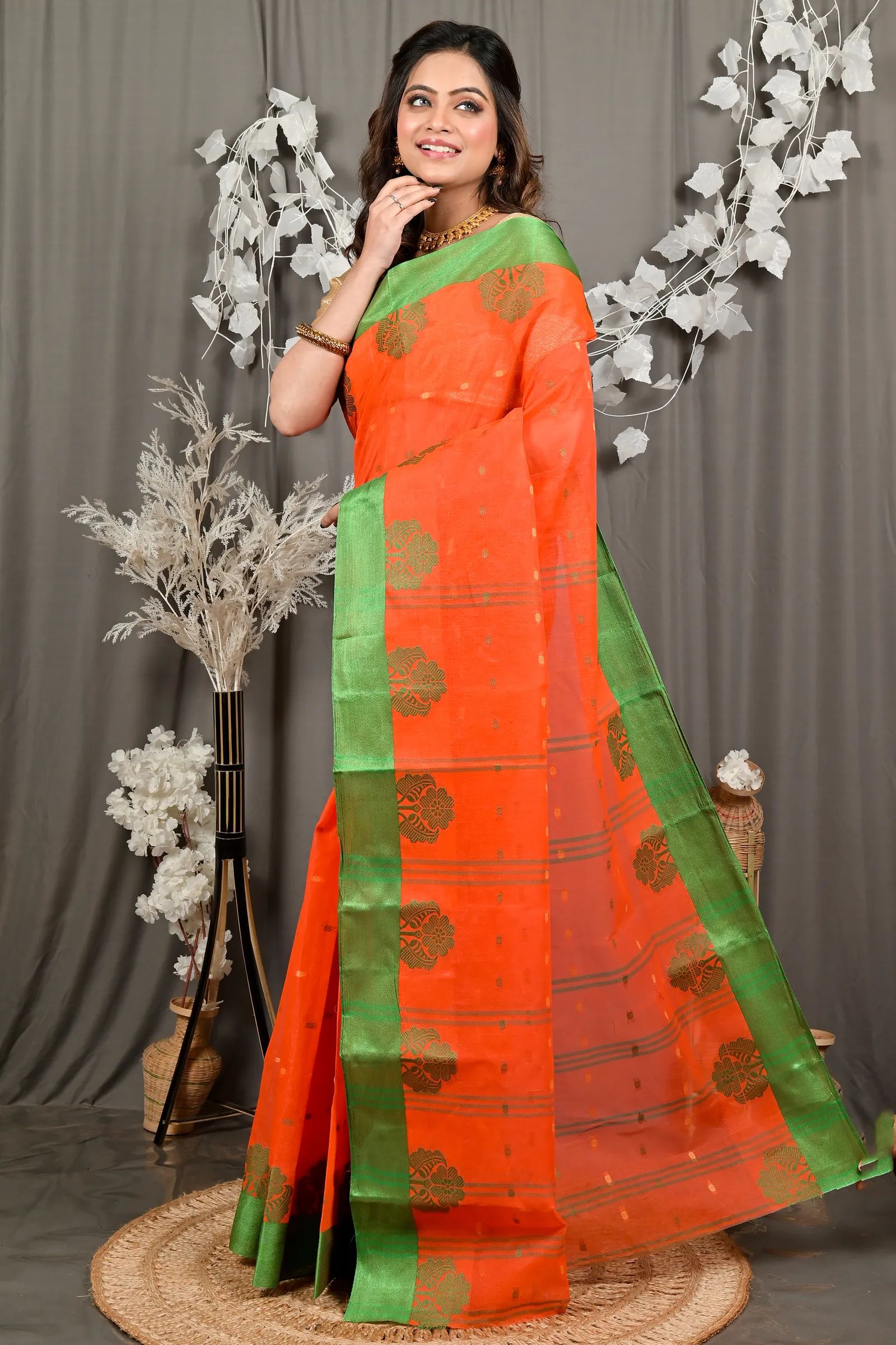 DipDiya Pure Cotton Orange Green Fipani Woven with Tradition Tant Sarees