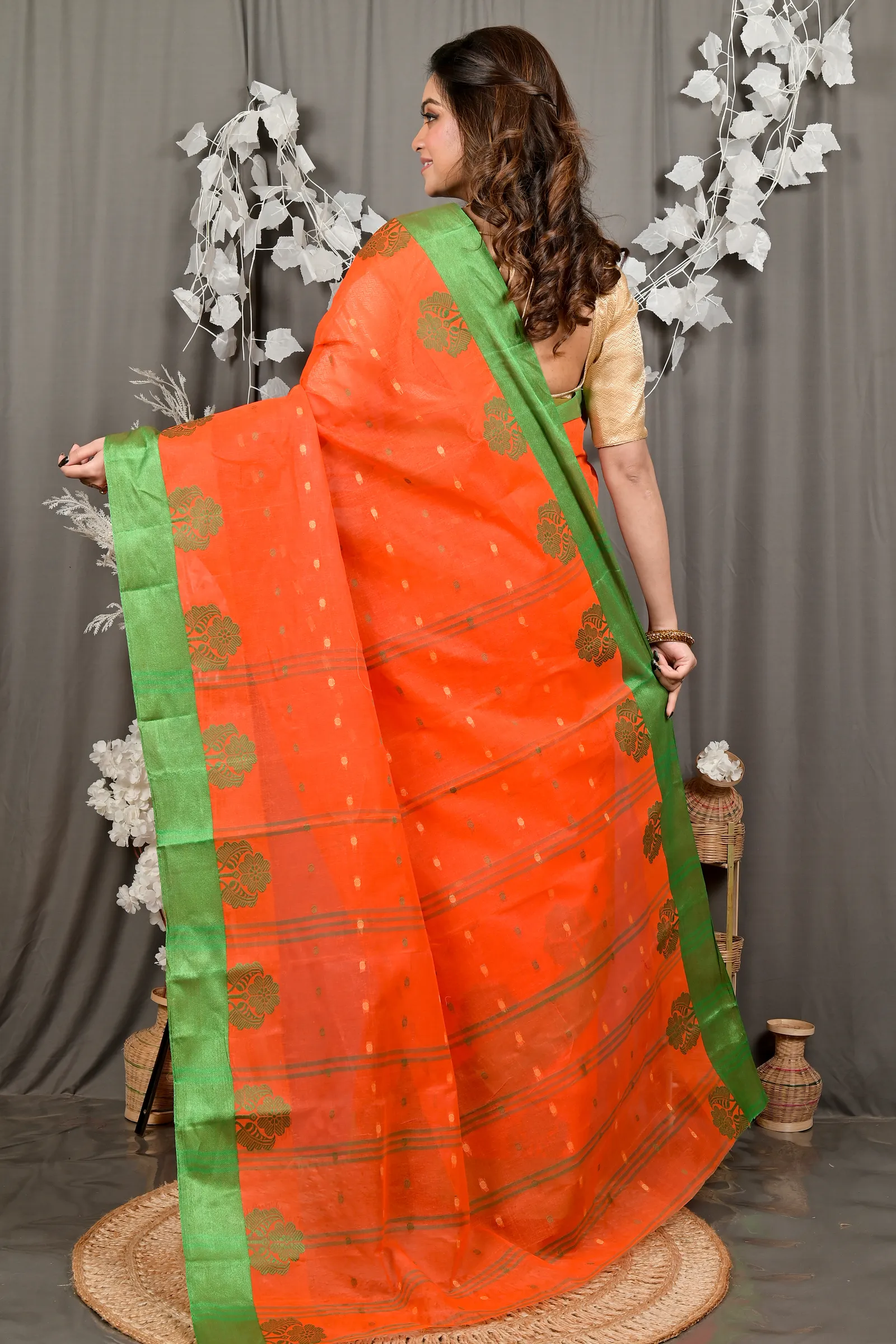 DipDiya Pure Cotton Orange Green Fipani Woven with Tradition Tant Sarees