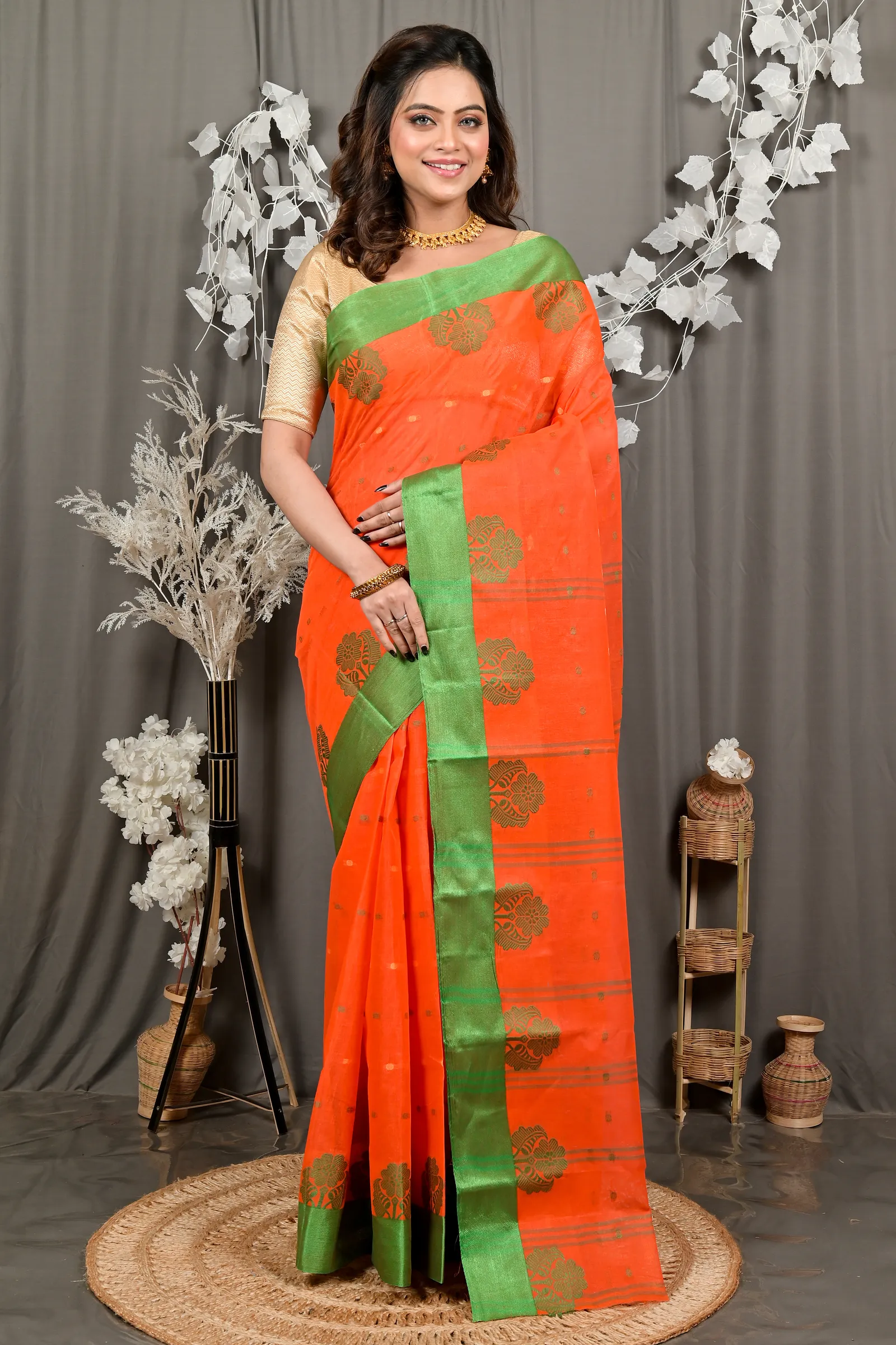 DipDiya Pure Cotton Orange Green Fipani Woven with Tradition Tant Sarees