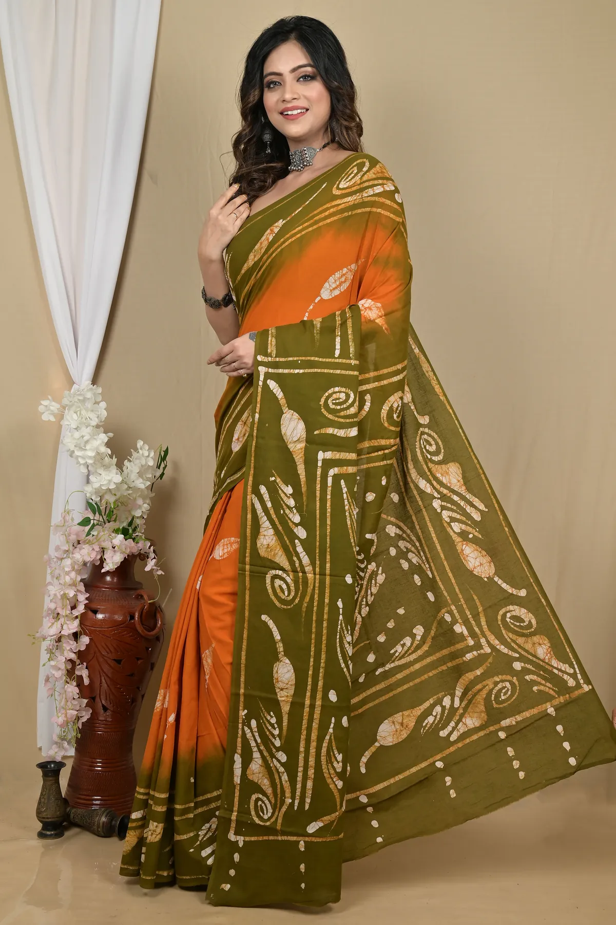DipDiya Pure Cotton Orange Green Pihu Pure Bengali Grace Batik Print Sarees