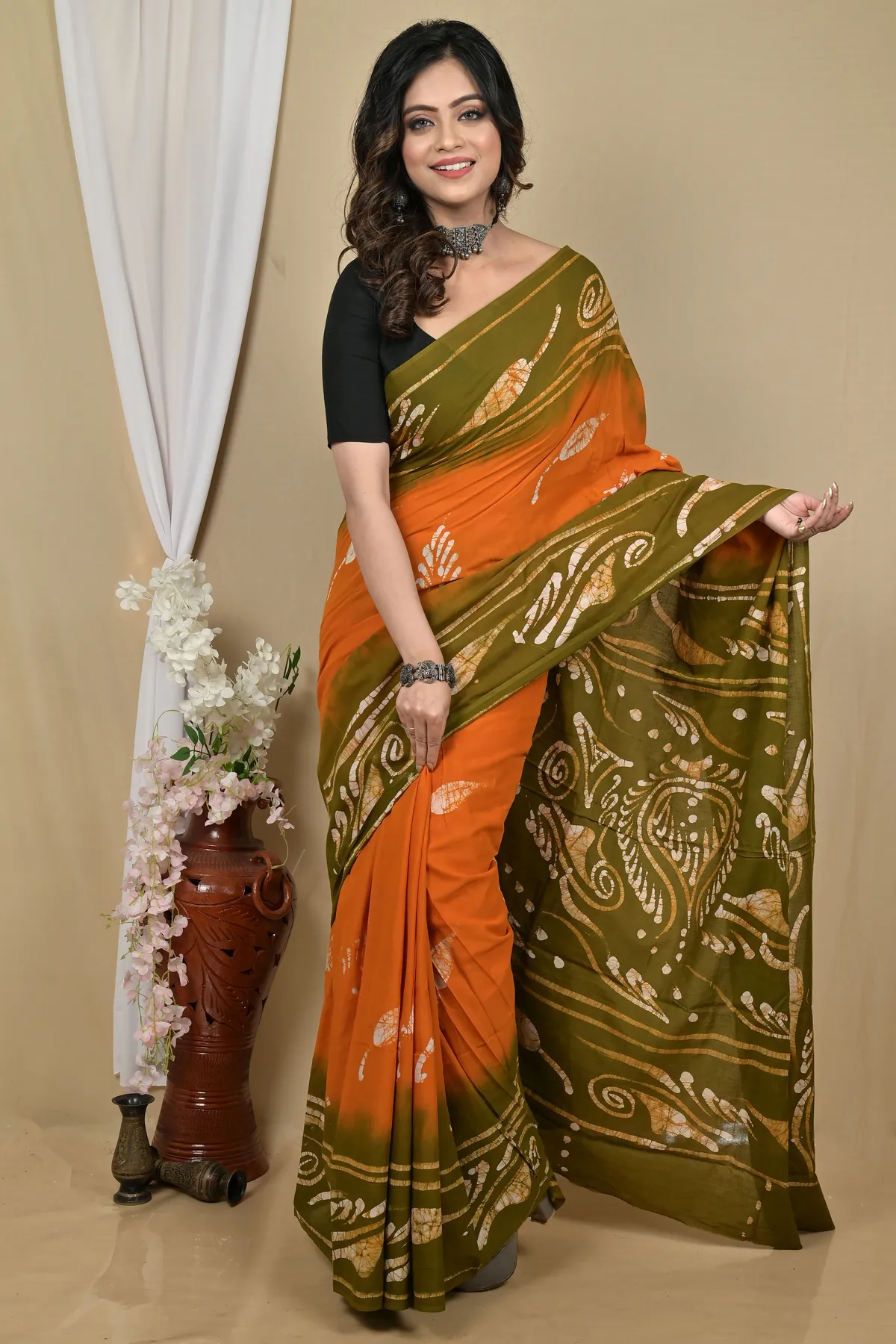 DipDiya Pure Cotton Orange Green Pihu Pure Bengali Grace Batik Print Sarees