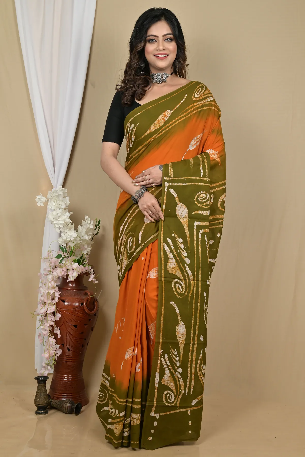 DipDiya Pure Cotton Orange Green Pihu Pure Bengali Grace Batik Print Sarees