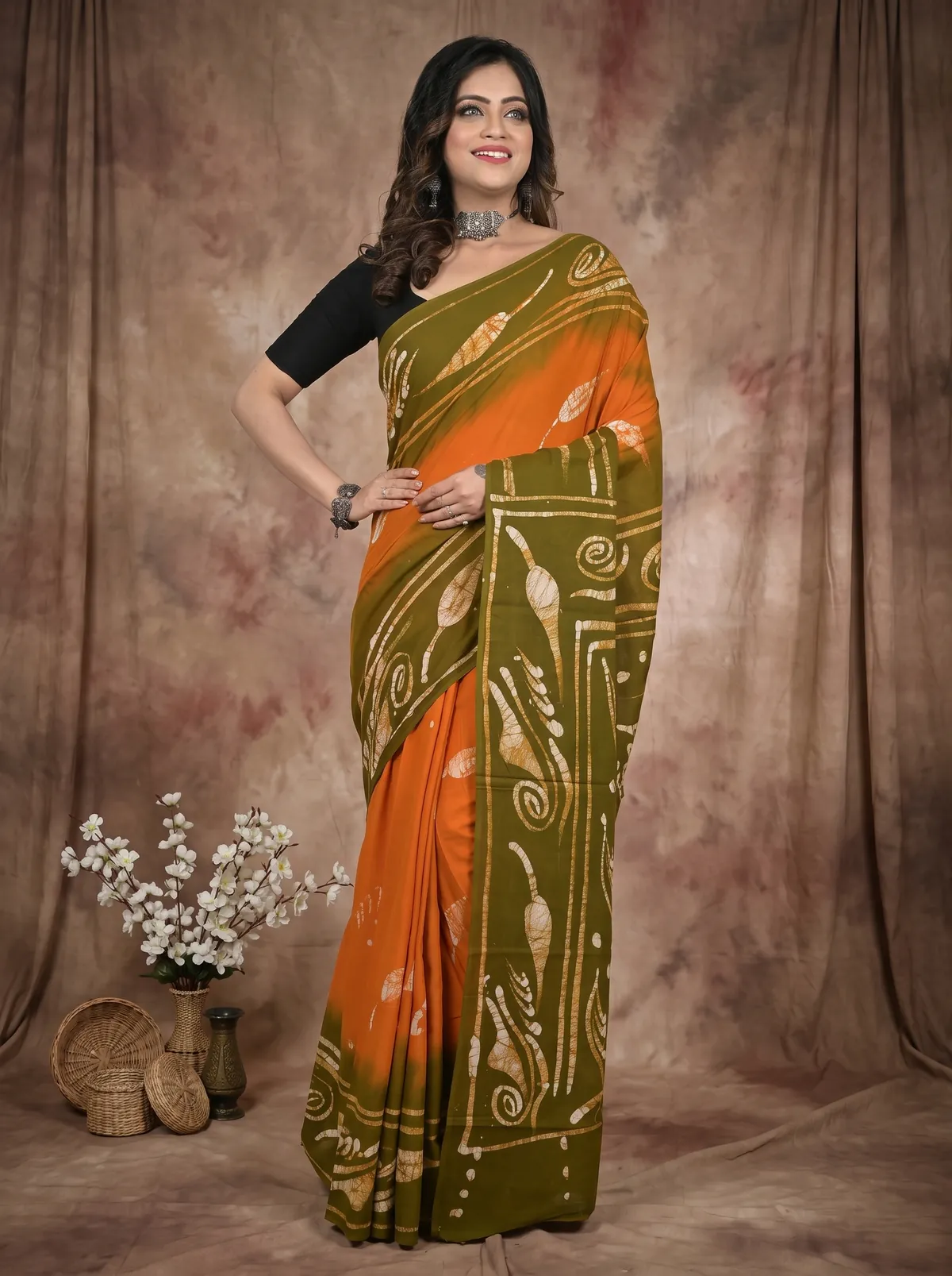 DipDiya Pure Cotton Orange Green Pihu Pure Bengali Grace Batik Print Sarees